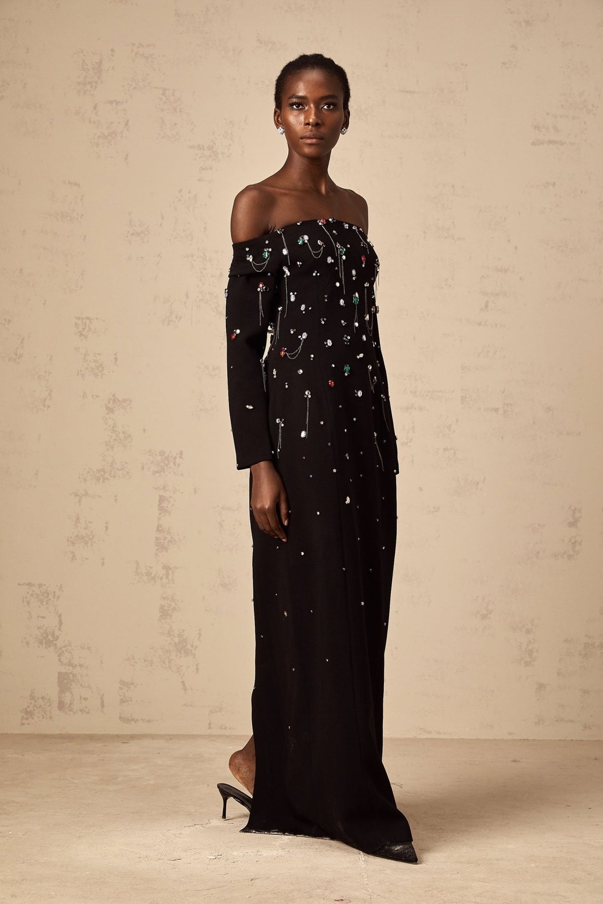 Mckenna Maxi Dress - Off - Shoulder Black with Crystal Embellishments & Fringe Details