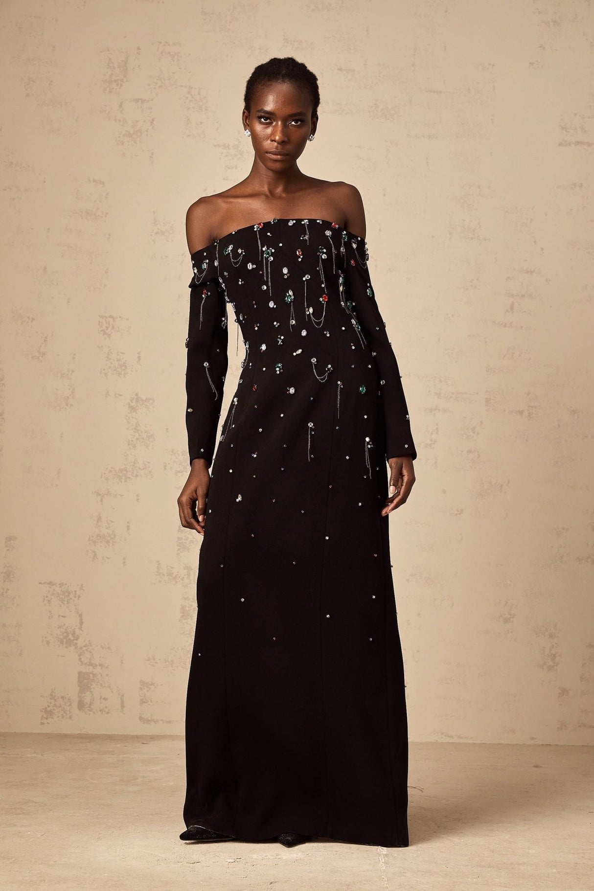 Mckenna Maxi Dress - Off - Shoulder Black with Crystal Embellishments & Fringe Details