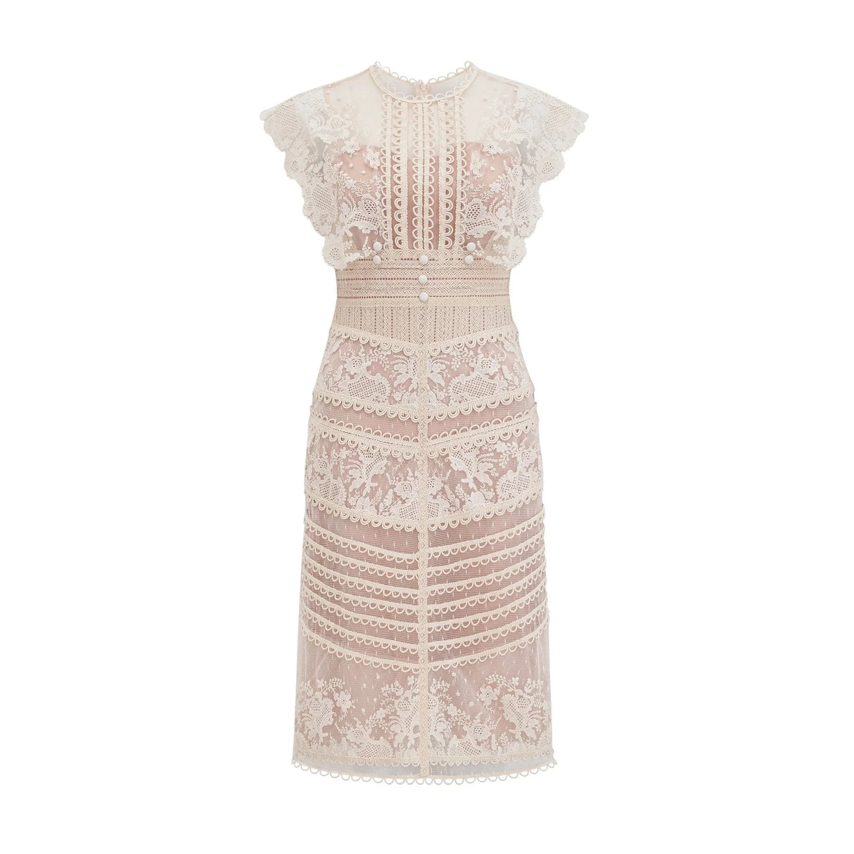 Meghan Midi Dress Floral Lace Beaded Neutrals
