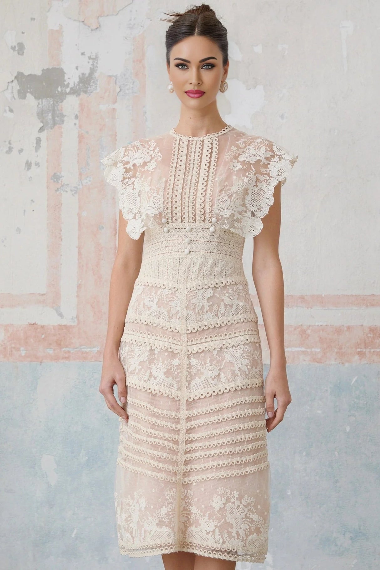 Meghan Midi Dress Floral Lace Beaded Neutrals