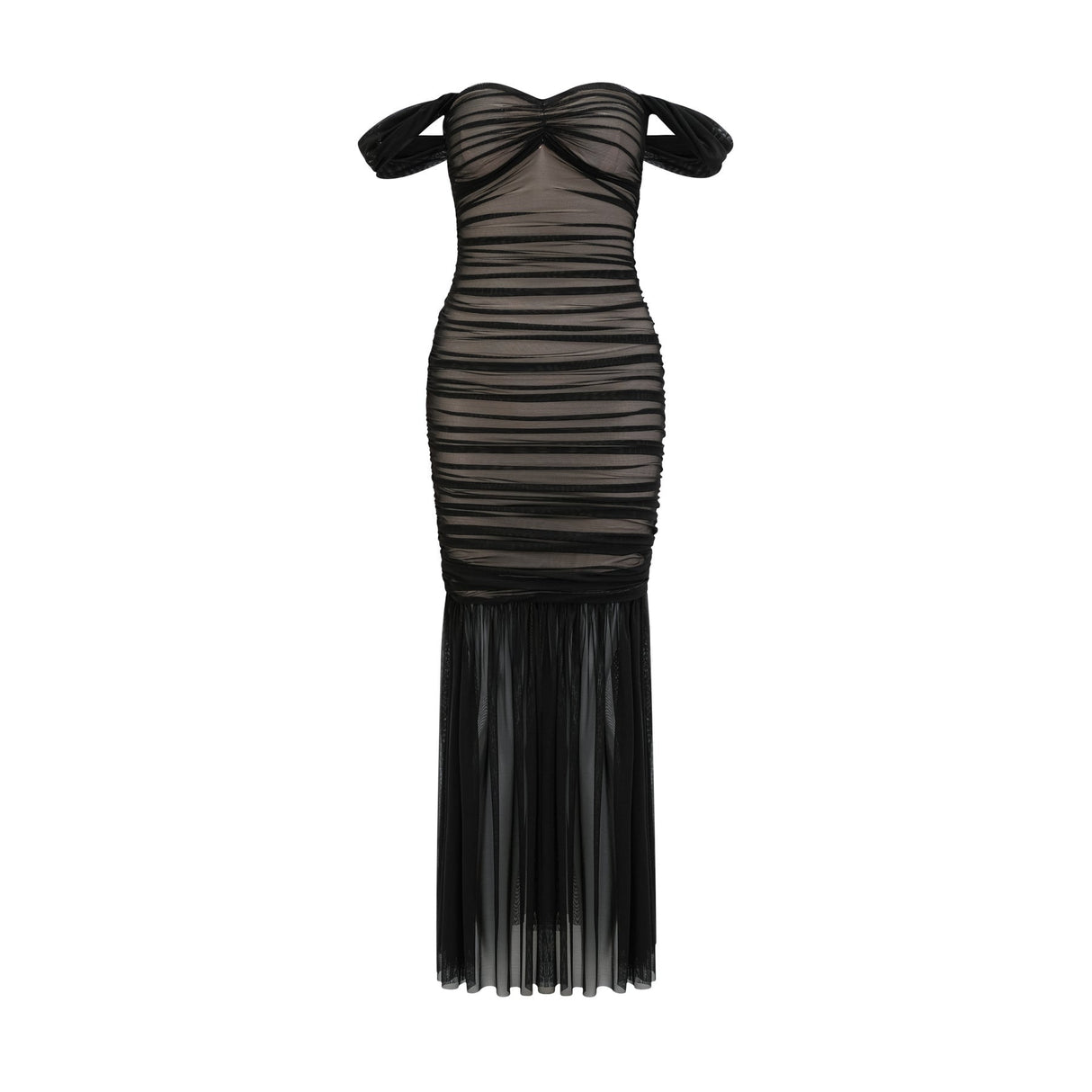 Melanie Dress Black Fishtail Mesh & Ruched Off - Shoulder Maxi