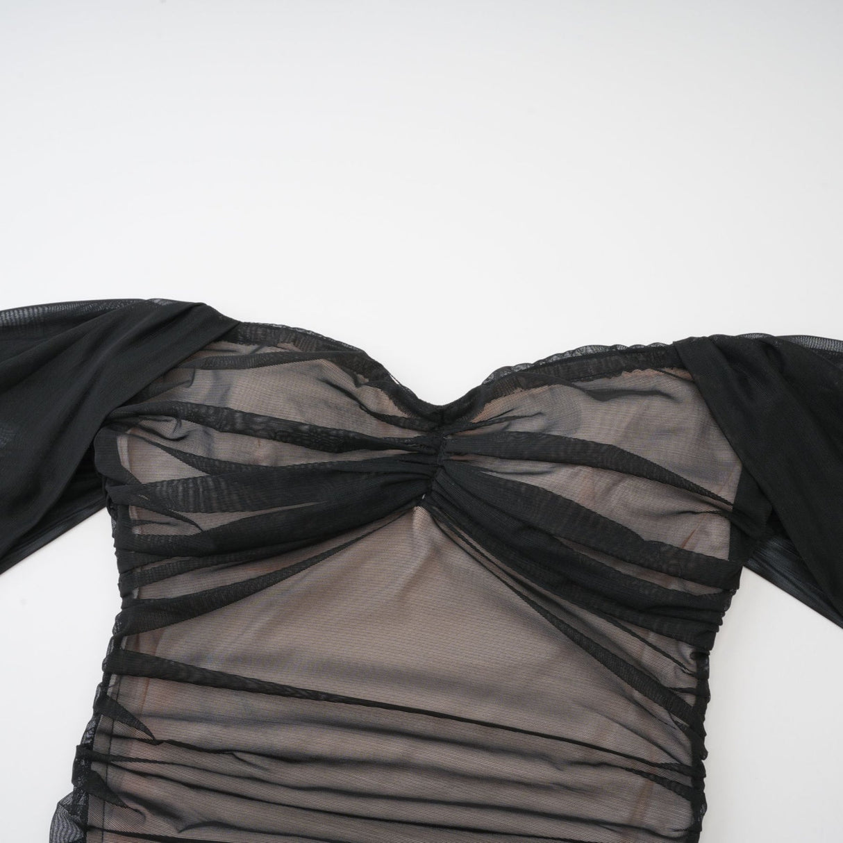 Melanie Dress Black Fishtail Mesh & Ruched Off - Shoulder Maxi