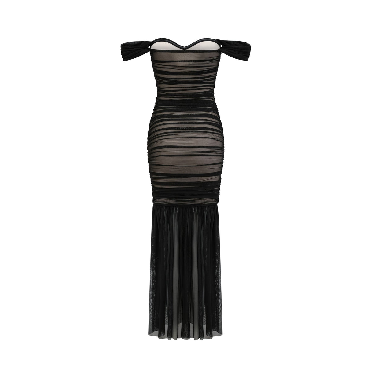 Melanie Dress Black Fishtail Mesh & Ruched Off - Shoulder Maxi