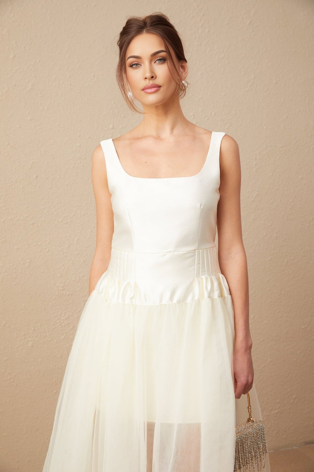 Melanie Maxi Dress - Satin Finish with Square Neck - Tulle Panels & Wide Straps