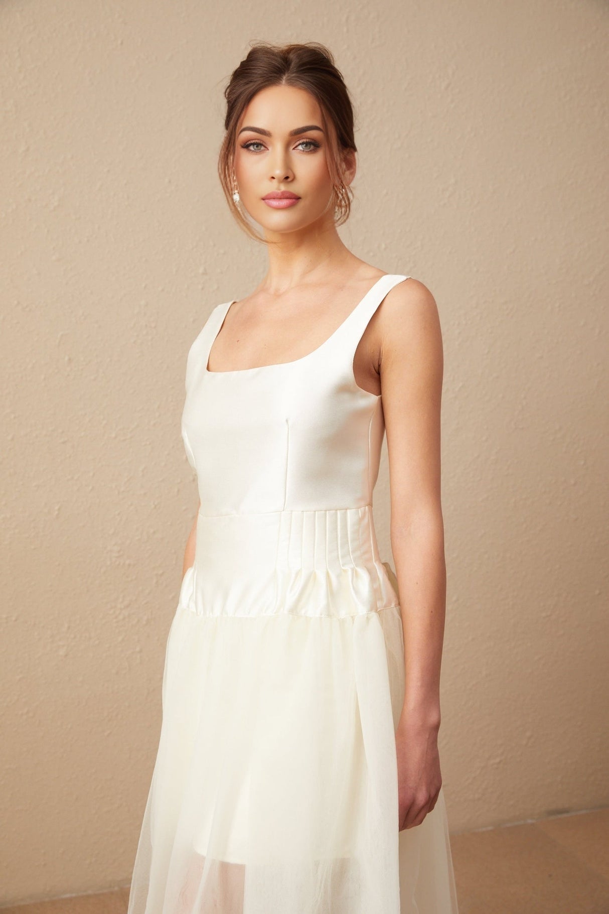 Melanie Maxi Dress - Satin Finish with Square Neck - Tulle Panels & Wide Straps