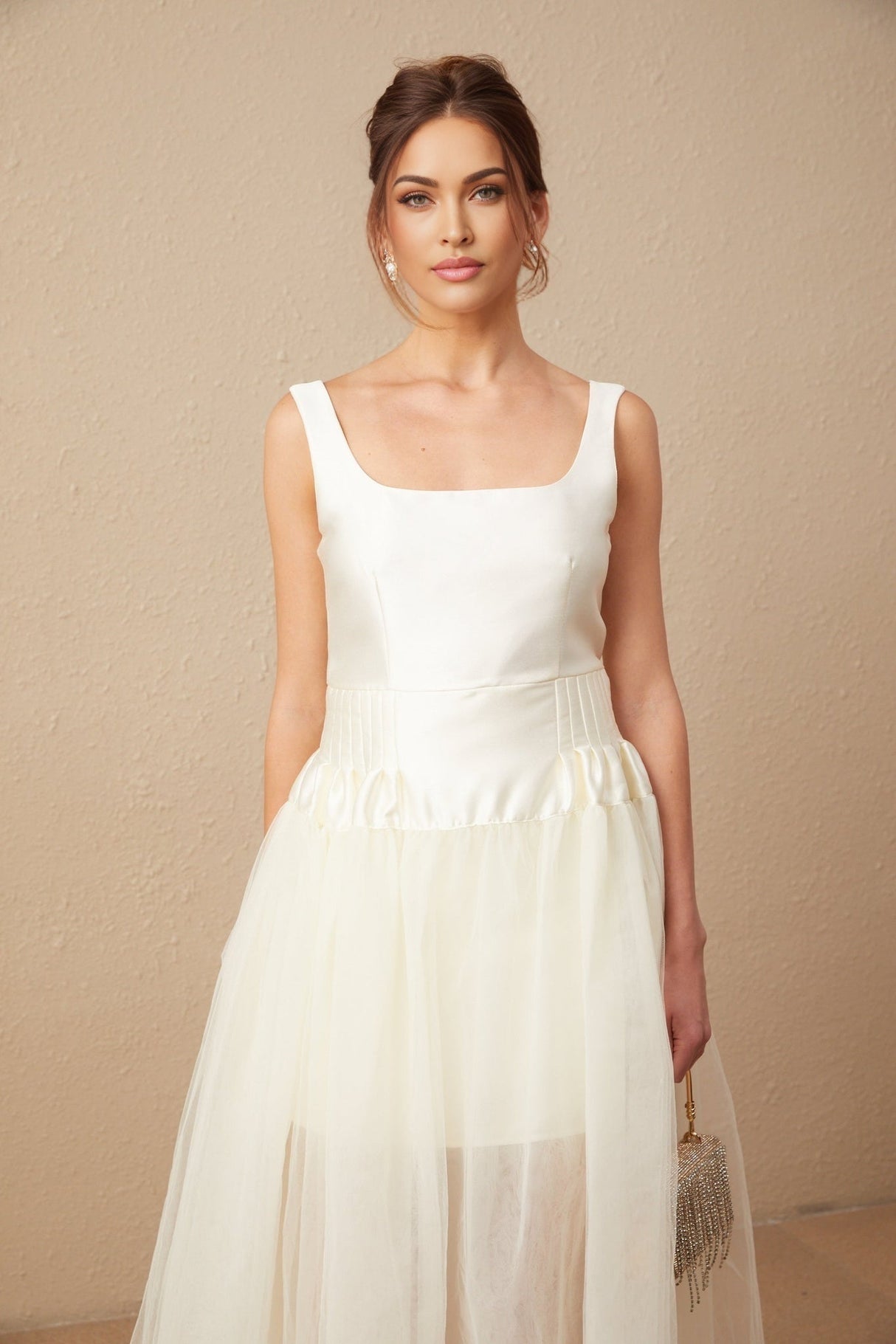 Melanie Maxi Dress - Satin Finish with Square Neck - Tulle Panels & Wide Straps