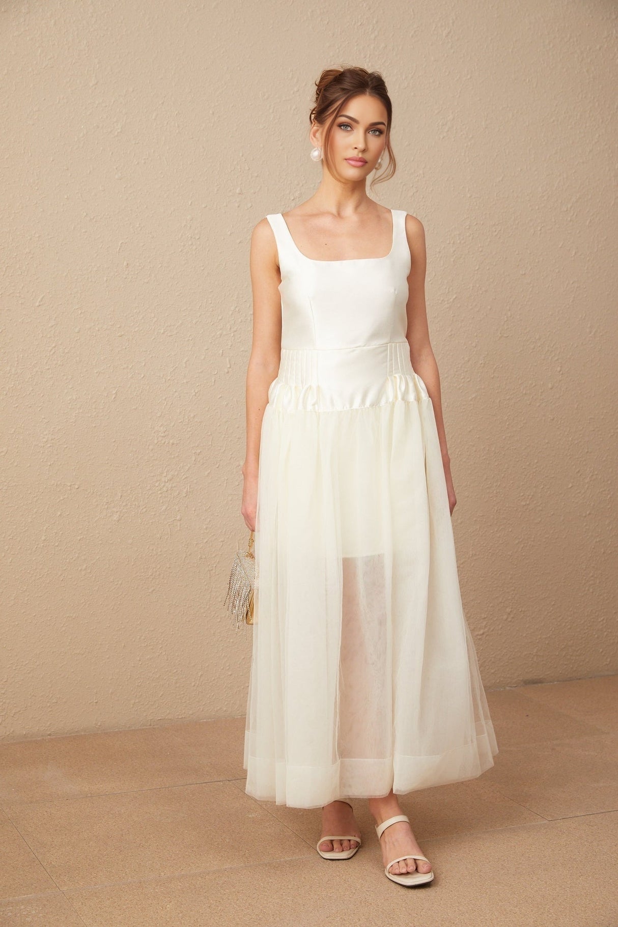 Melanie Maxi Dress - Satin Finish with Square Neck - Tulle Panels & Wide Straps