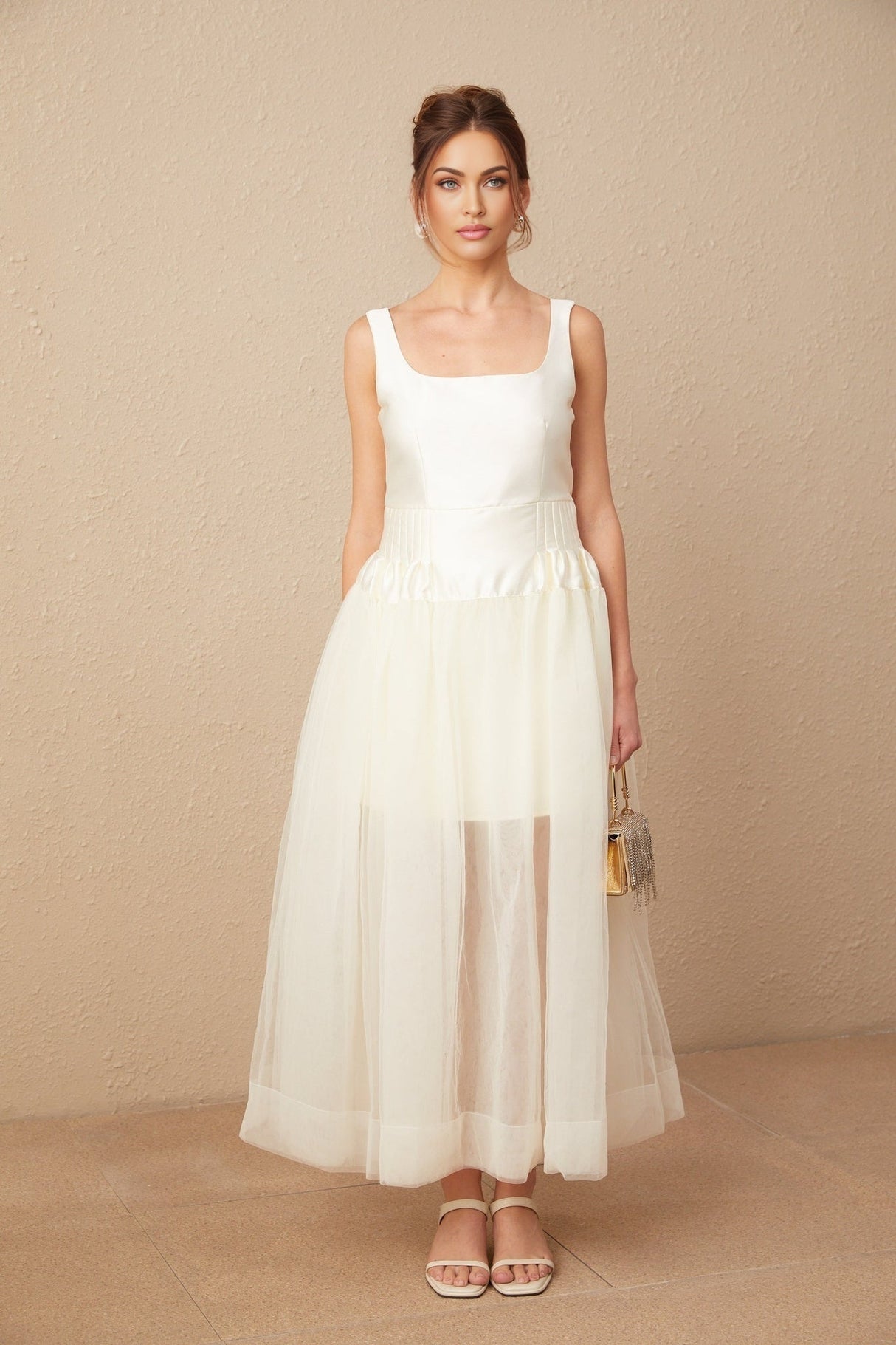 Melanie Maxi Dress - Satin Finish with Square Neck - Tulle Panels & Wide Straps