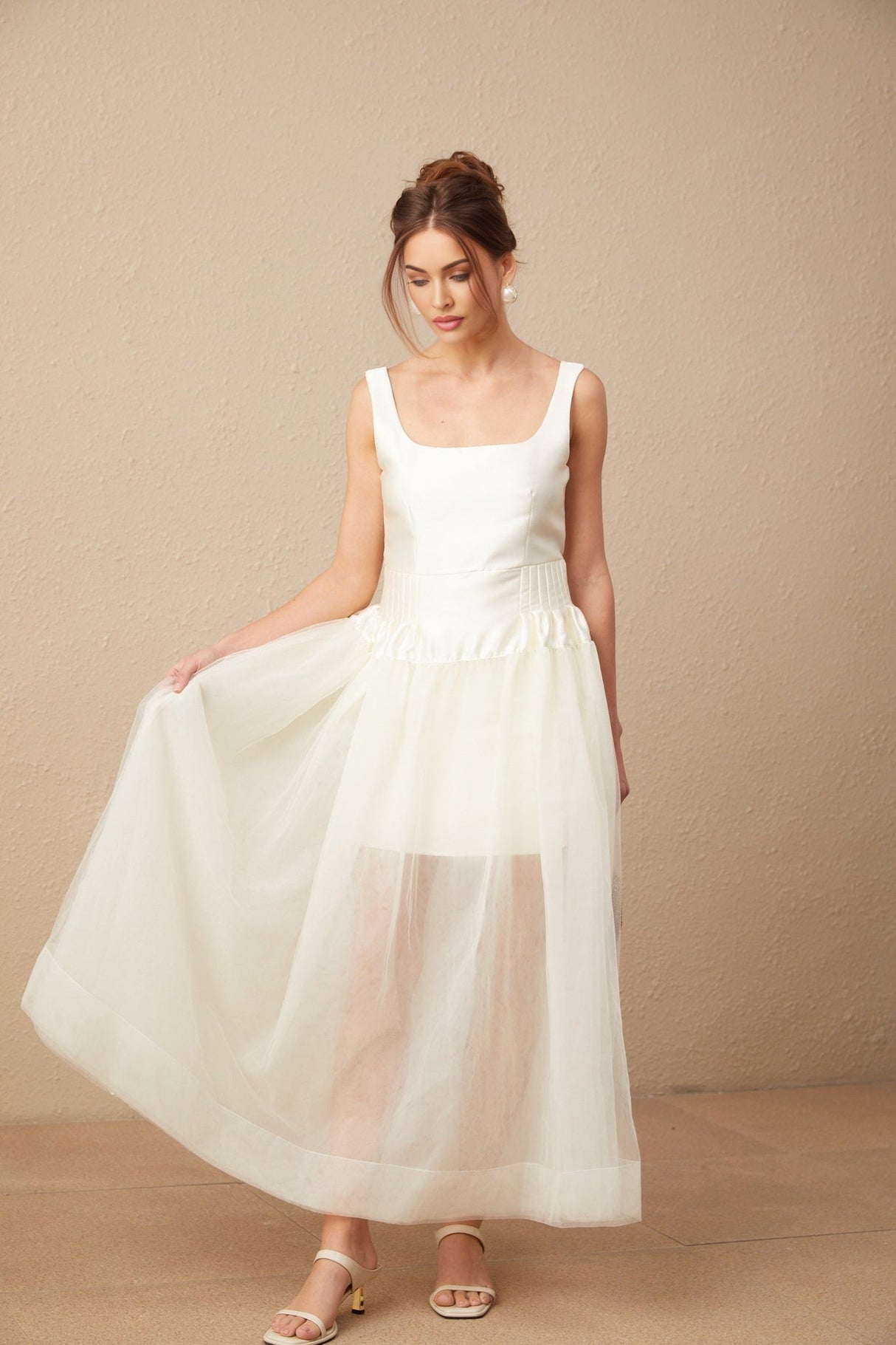 Melanie Maxi Dress - Satin Finish with Square Neck - Tulle Panels & Wide Straps