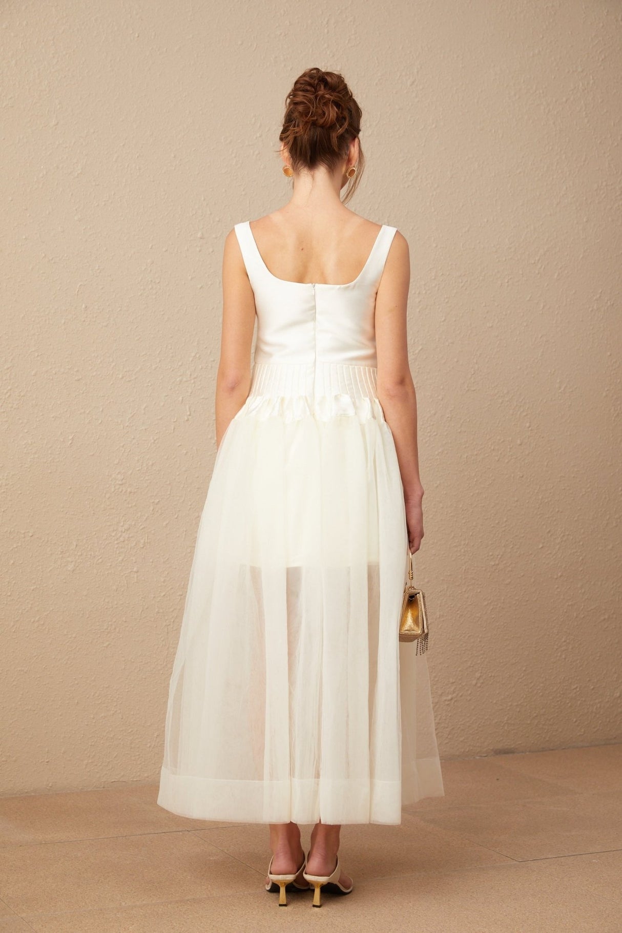 Melanie Maxi Dress - Satin Finish with Square Neck - Tulle Panels & Wide Straps