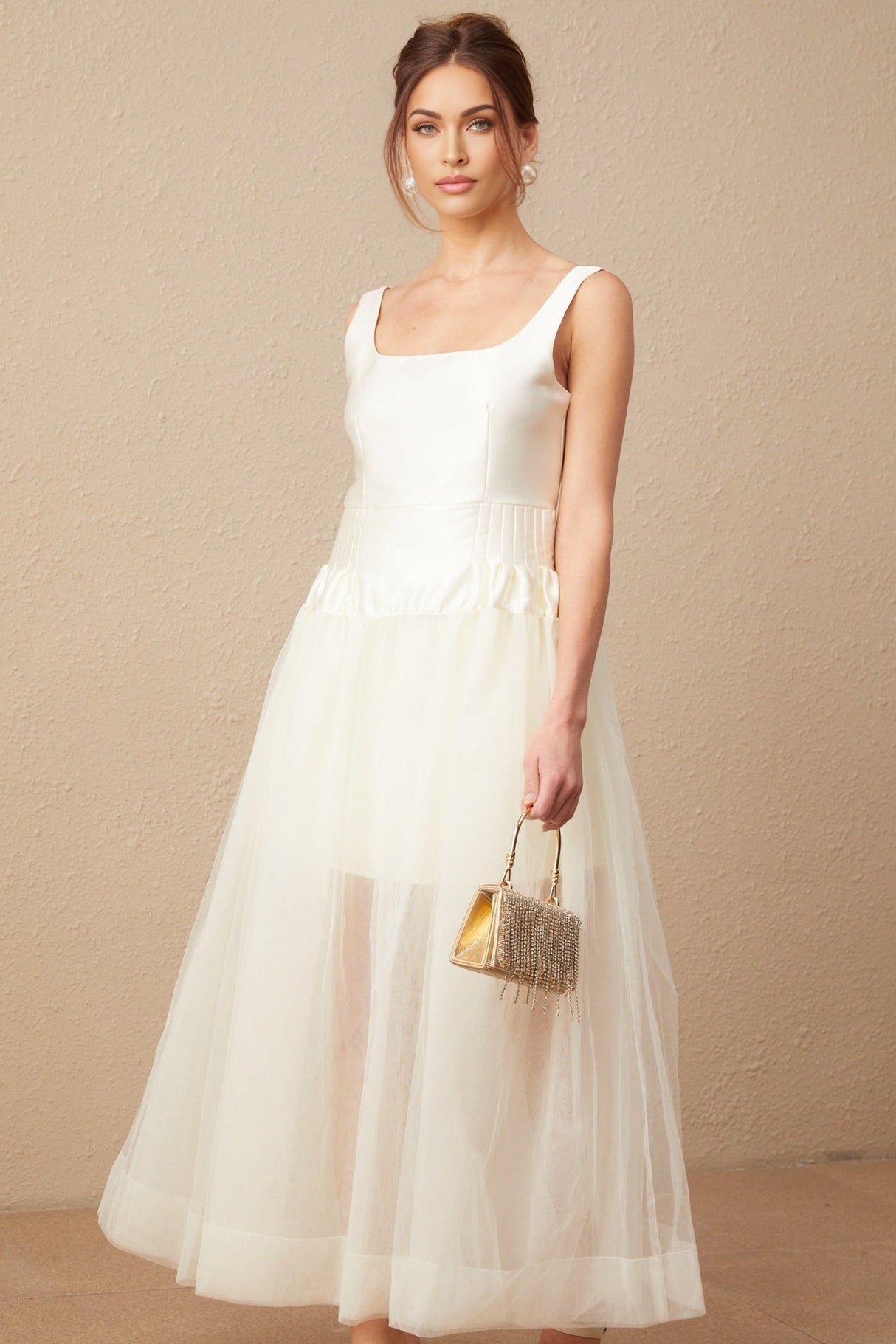 Melanie Maxi Dress - Satin Finish with Square Neck - Tulle Panels & Wide Straps
