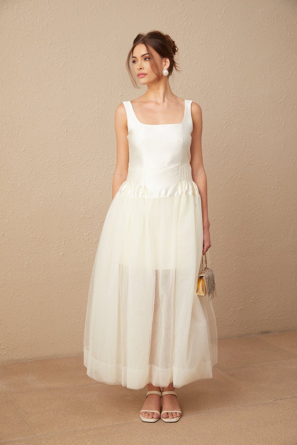 Melanie Maxi Dress - Satin Finish with Square Neck - Tulle Panels & Wide Straps