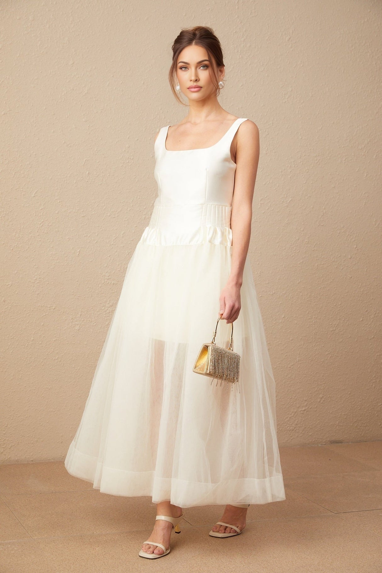 Melanie Maxi Dress - Satin Finish with Square Neck - Tulle Panels & Wide Straps