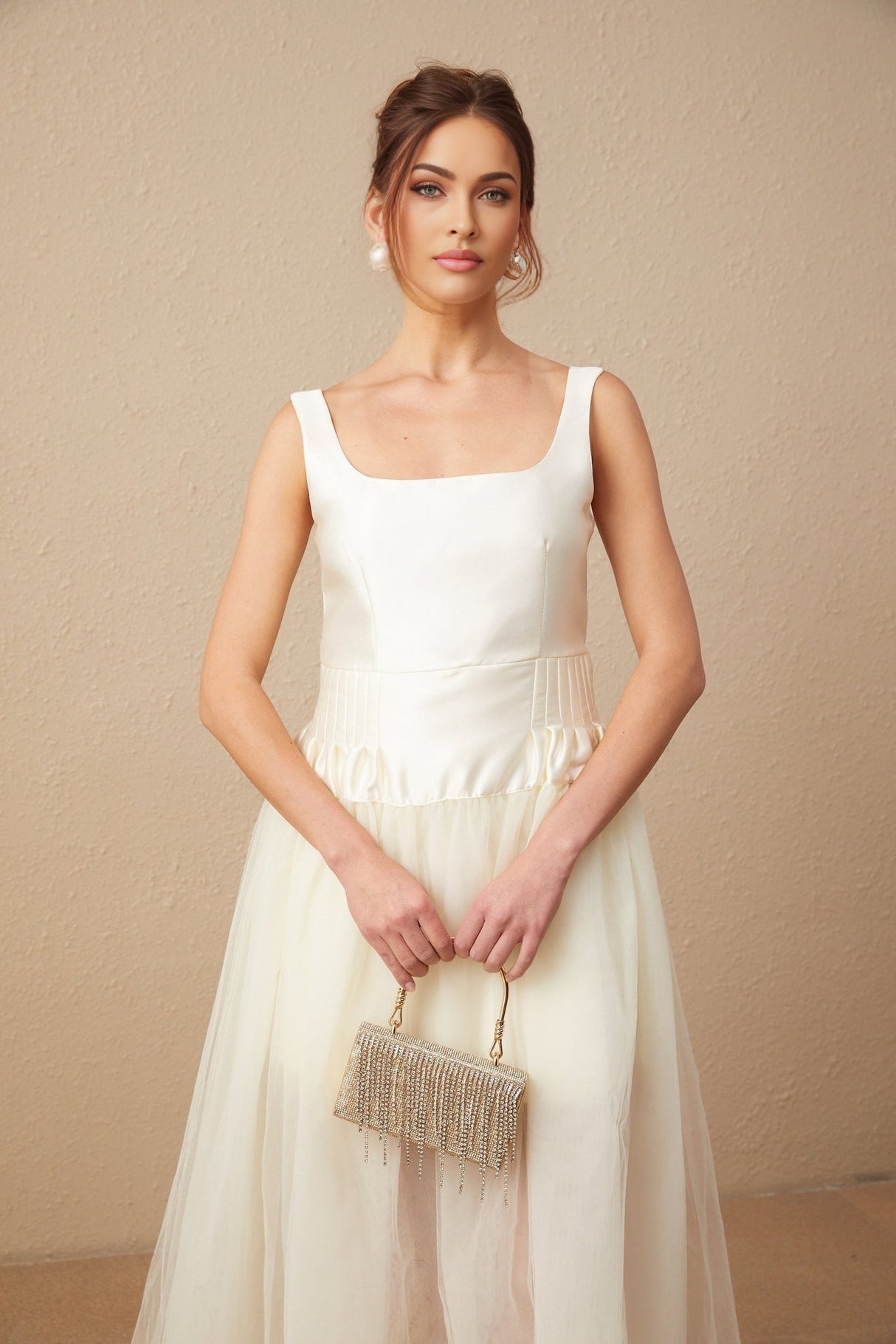 Melanie Maxi Dress - Satin Finish with Square Neck - Tulle Panels & Wide Straps