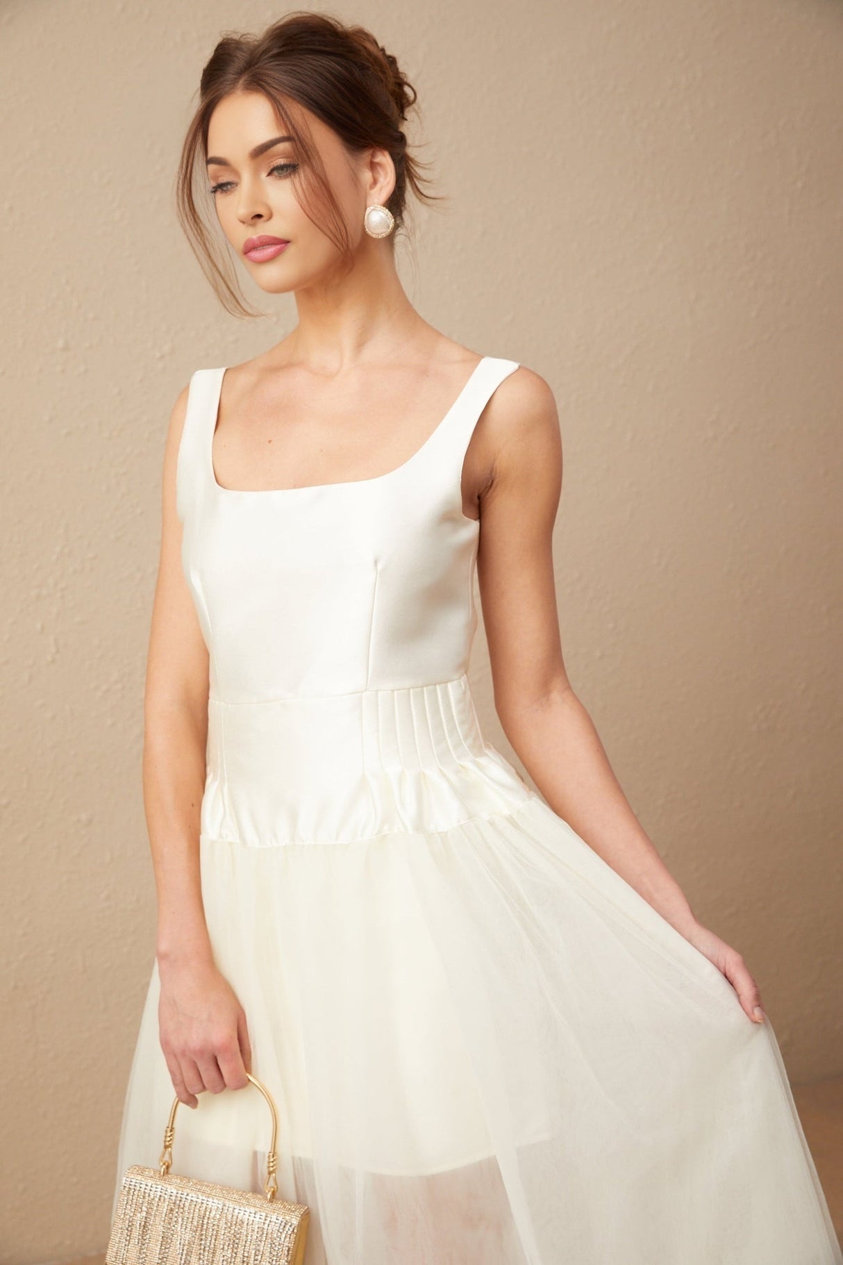Melanie Maxi Dress - Satin Finish with Square Neck - Tulle Panels & Wide Straps