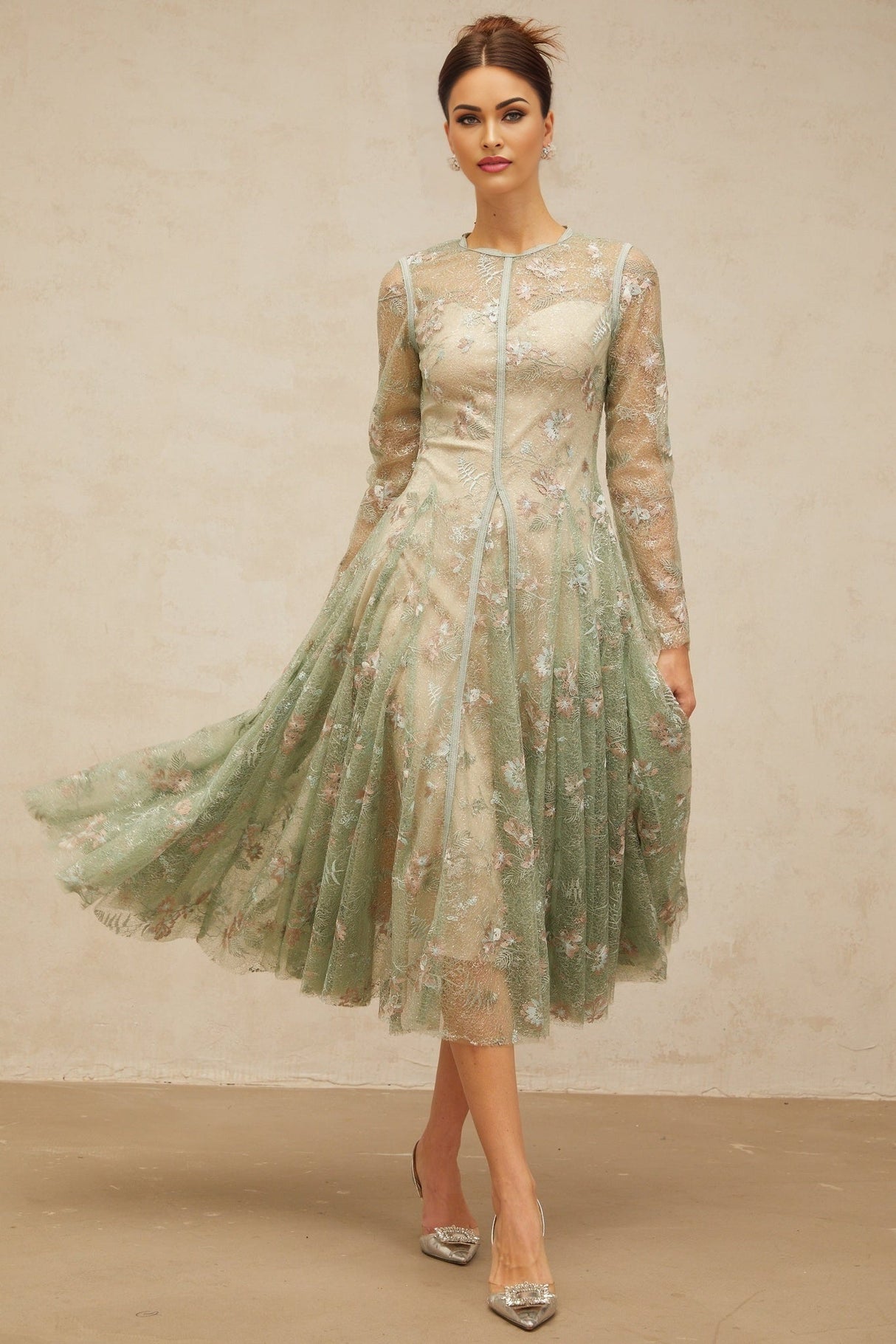 Melanie Midi Dress Green Floral Embroidery Godet Pleats