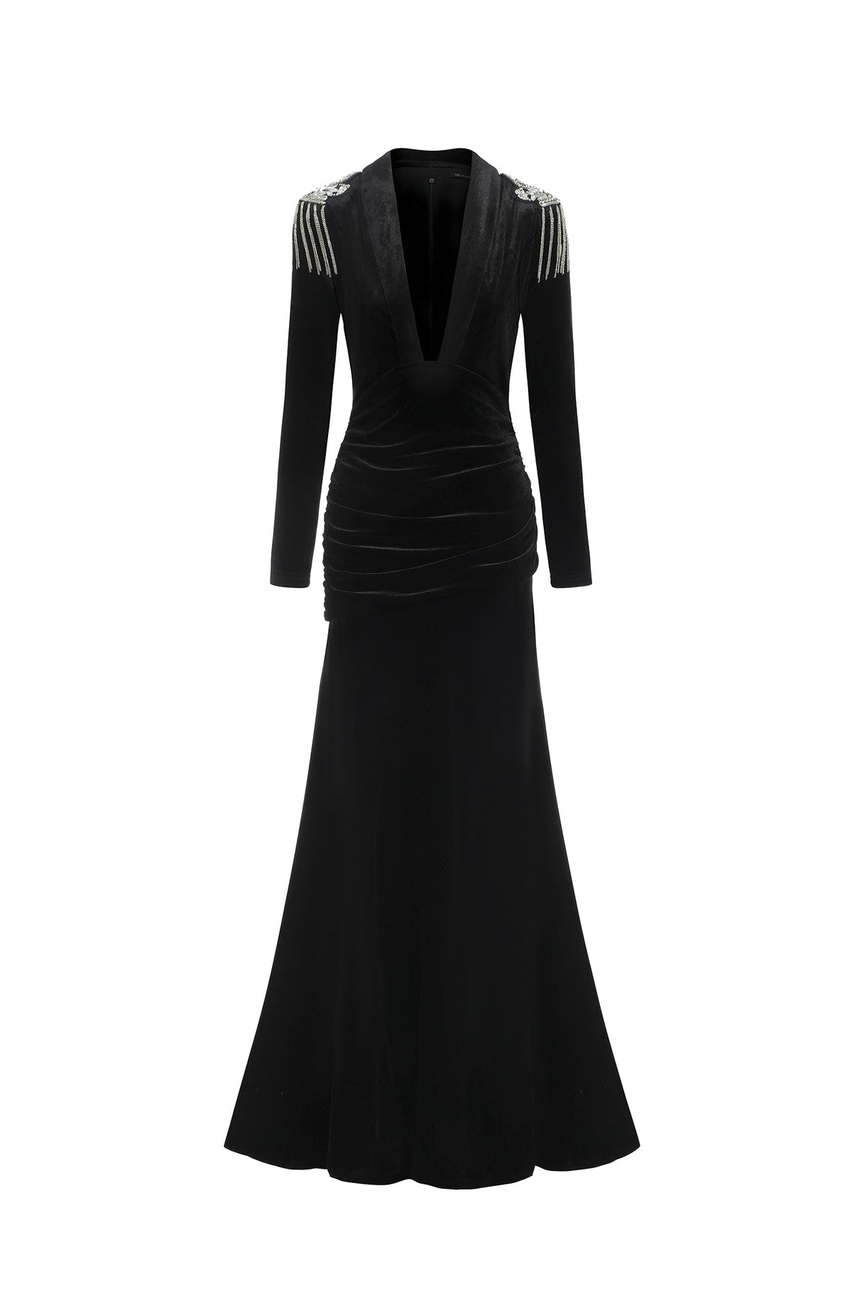 Melissa Black Velvet Deep V Neckline High Slit Ruched Waist Embellished Shoulder Dress