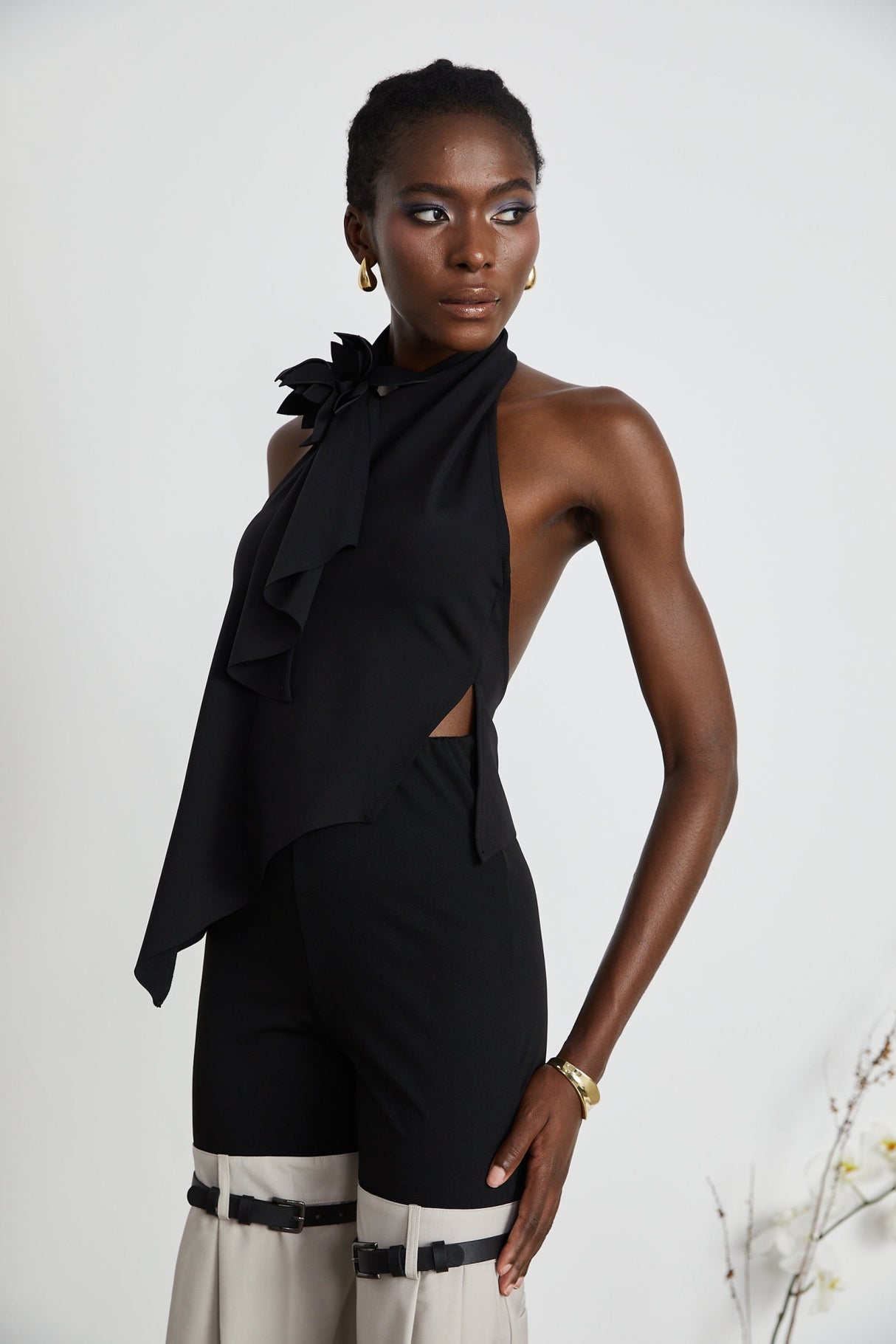 Melissa Floral Top Backless Halterneck Asymmetric Hem