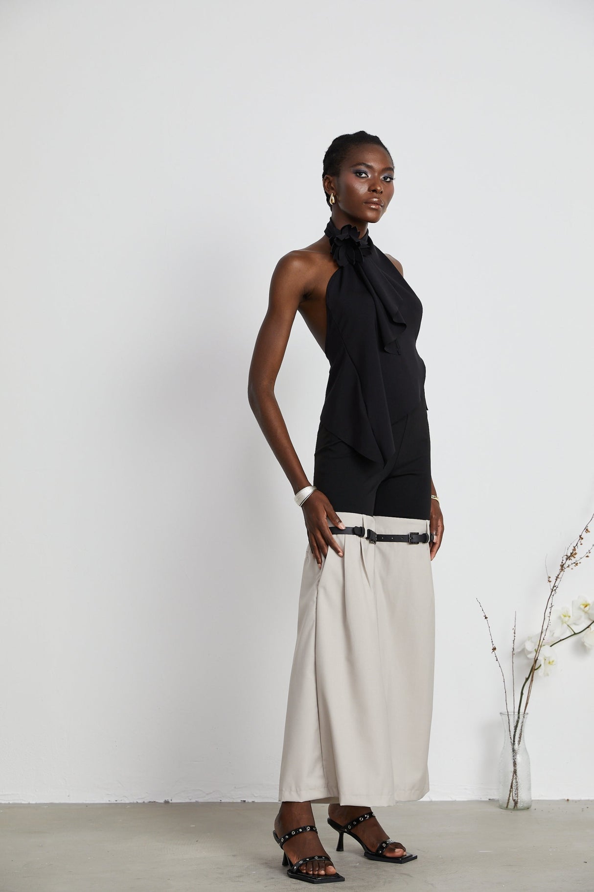 Melissa Floral Top Backless Halterneck Asymmetric Hem