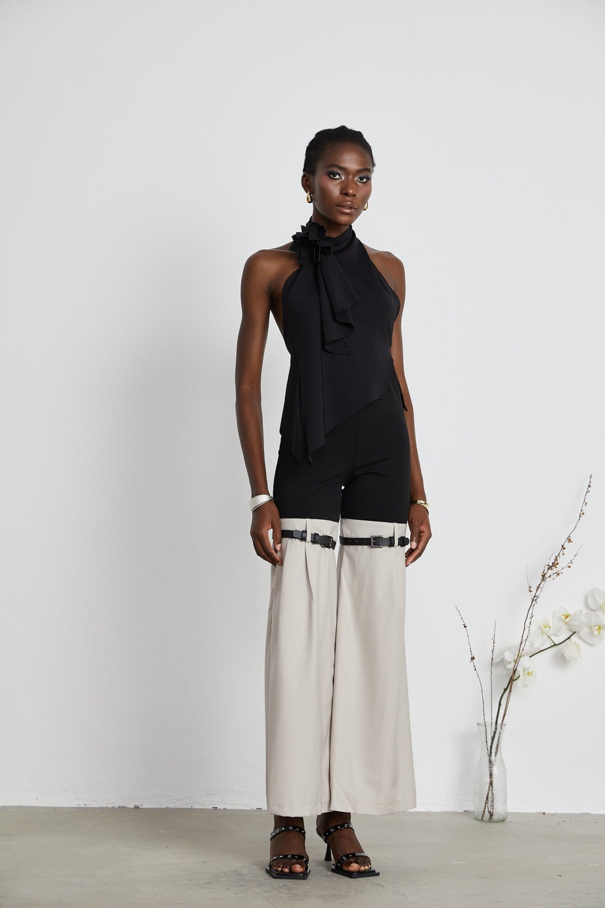 Melissa Floral Top Backless Halterneck Asymmetric Hem