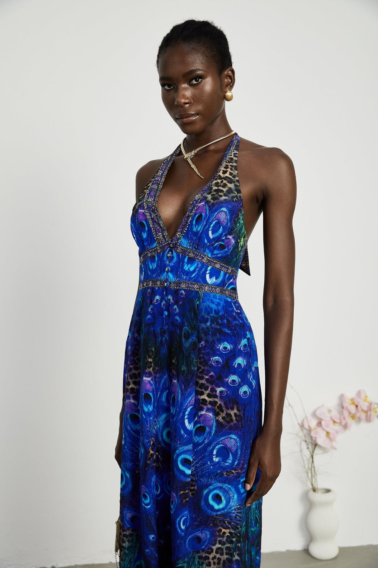 Melissa Jumpsuit Halterneck Crystal Embellished Blue & Multicolor