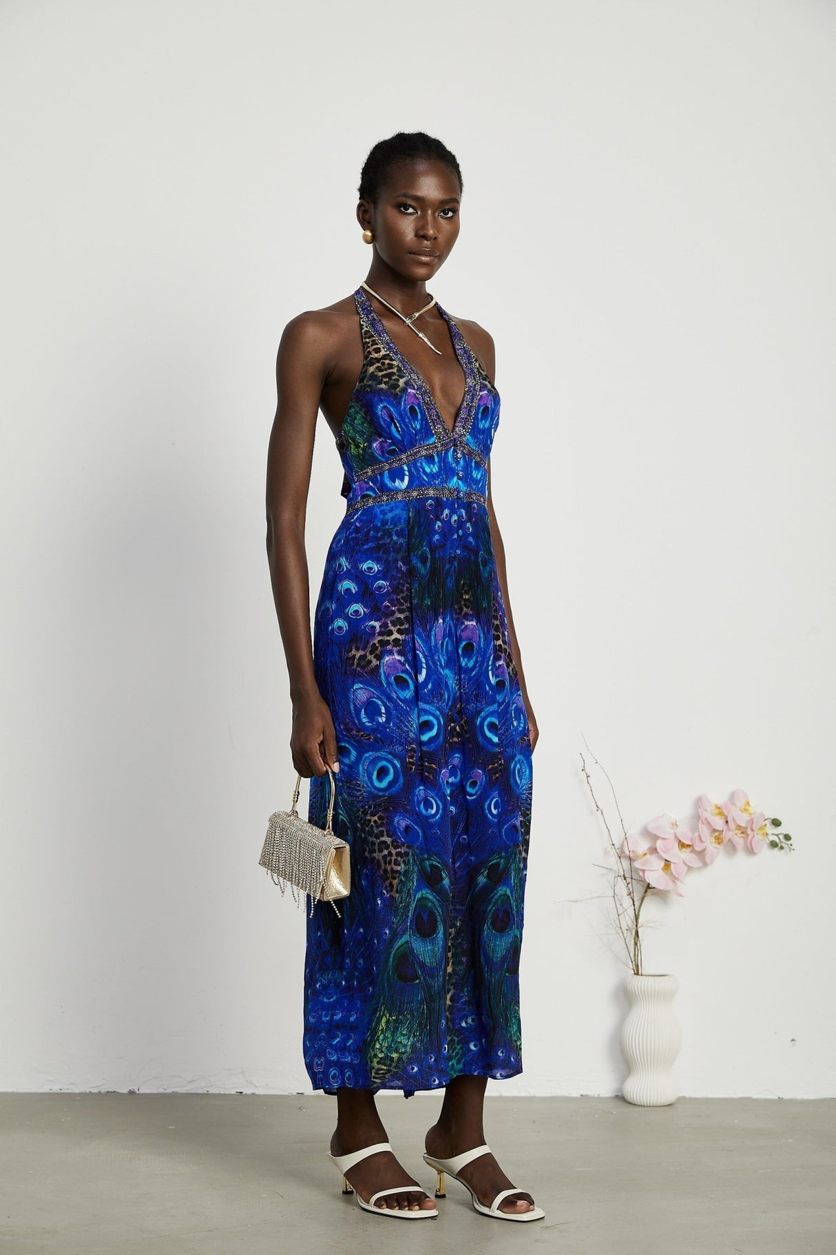 Melissa Jumpsuit Halterneck Crystal Embellished Blue & Multicolor