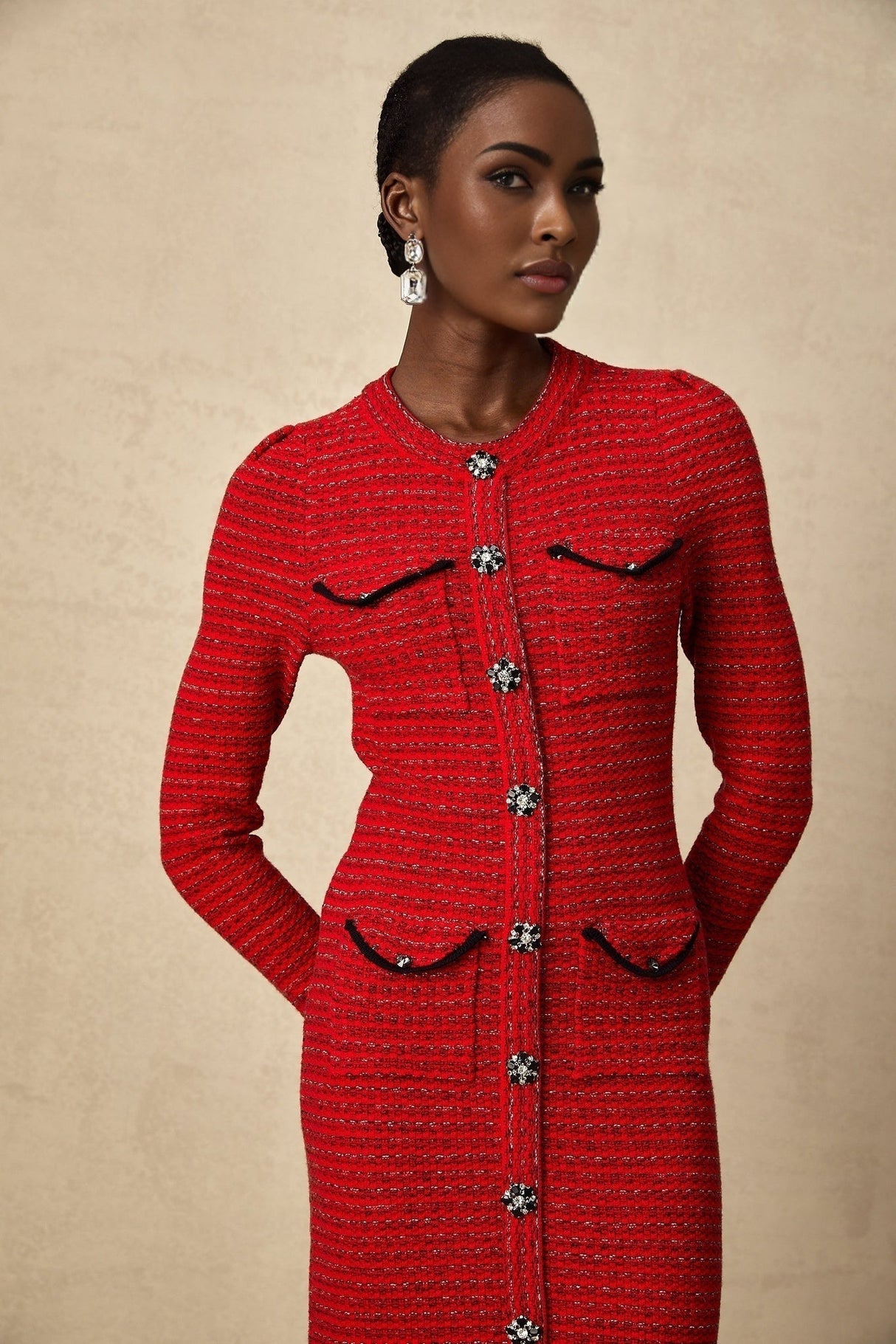 Melissa Midi Dress - Long - Sleeved Embellished Red Knit with Front Pockets