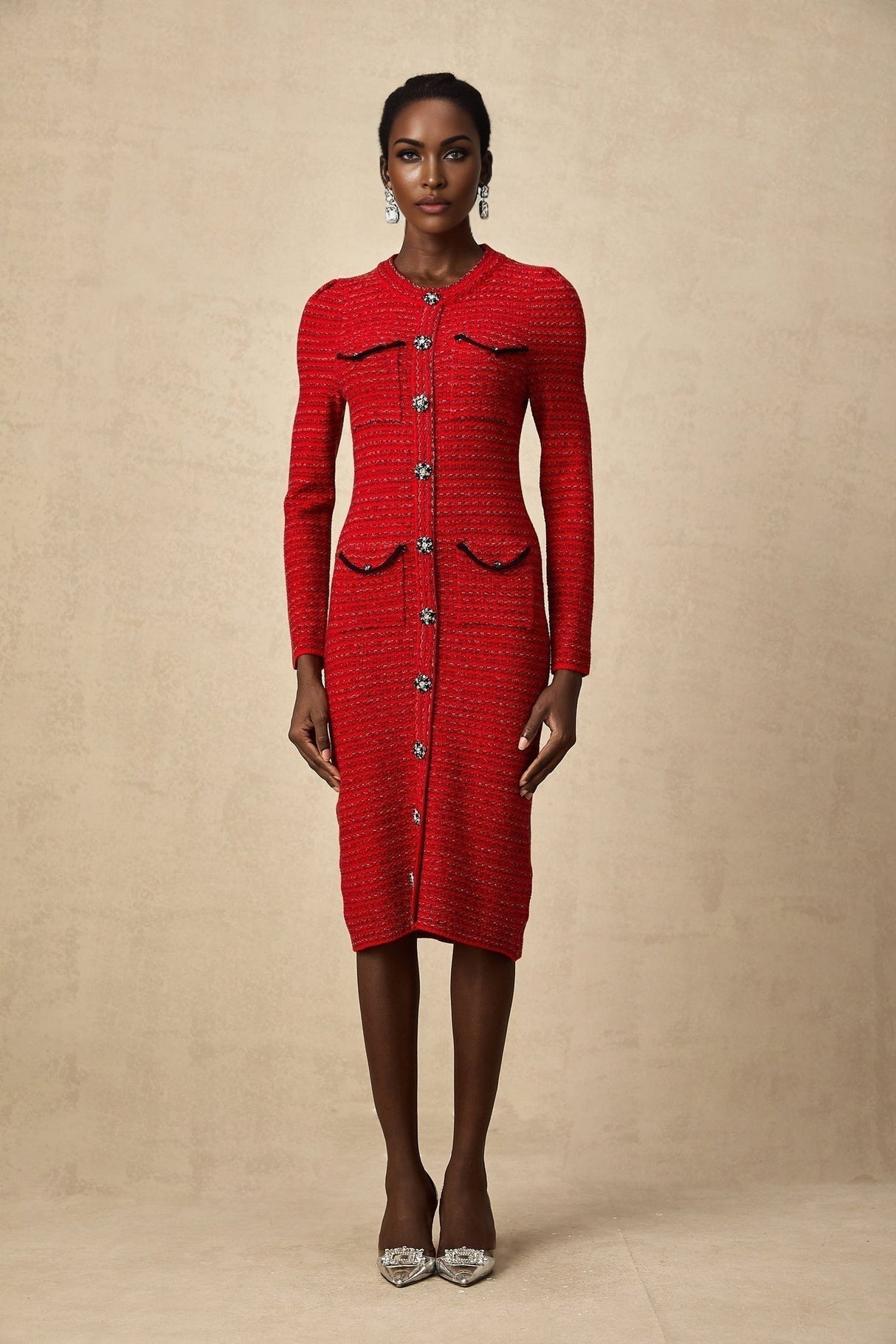 Melissa Midi Dress - Long - Sleeved Embellished Red Knit with Front Pockets