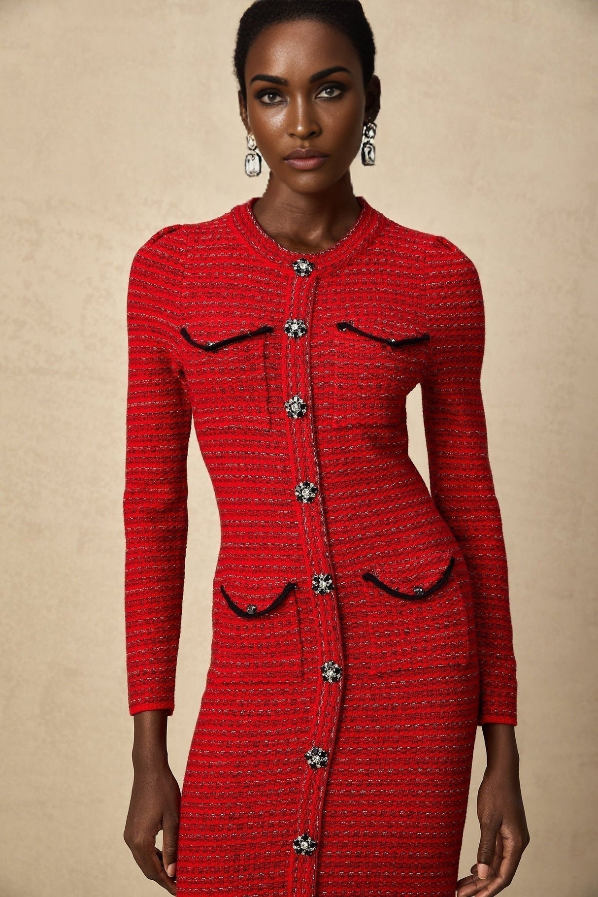 Melissa Midi Dress - Long - Sleeved Embellished Red Knit with Front Pockets