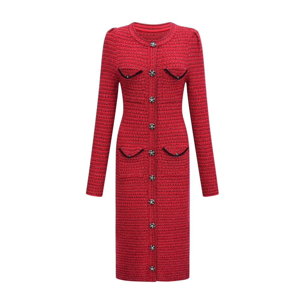 Melissa Midi Dress - Long - Sleeved Embellished Red Knit with Front Pockets