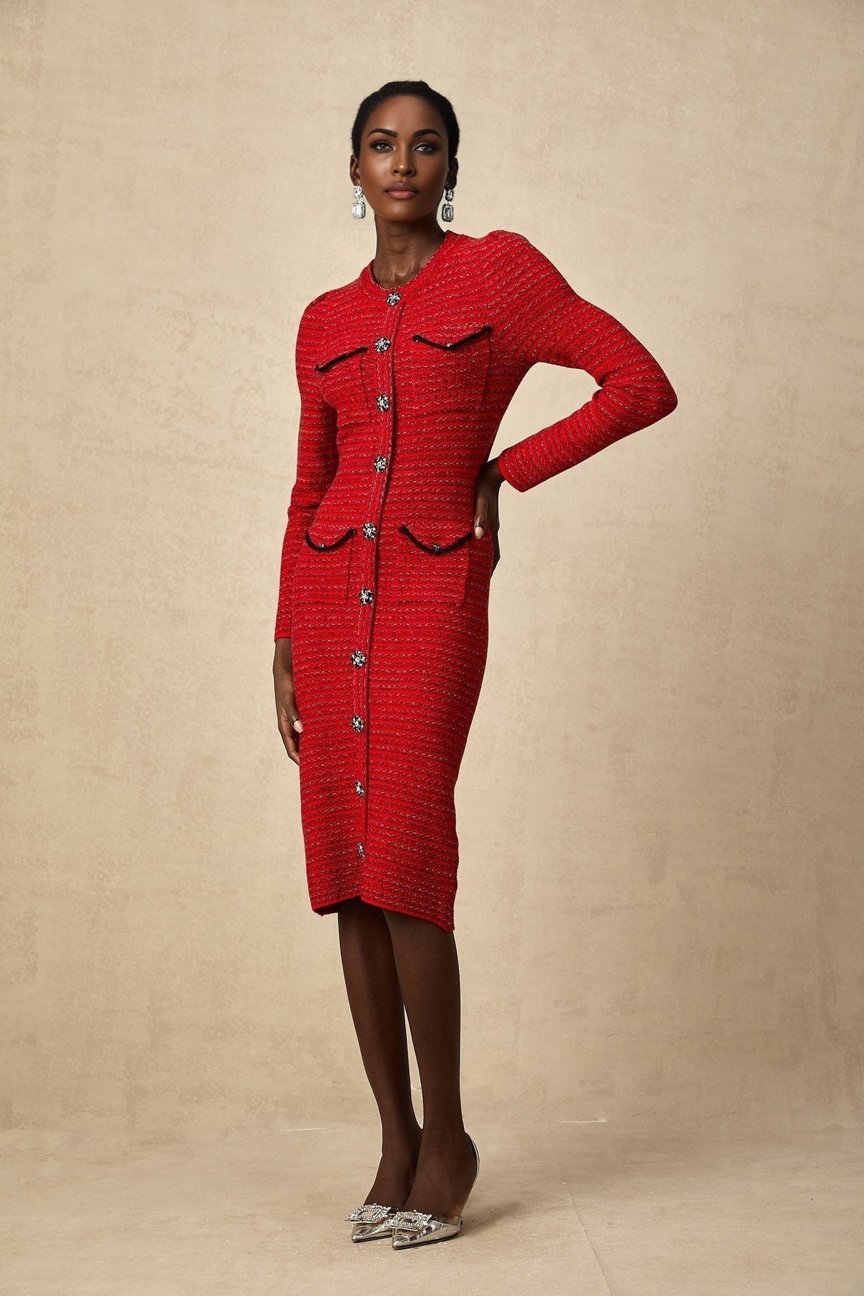 Melissa Midi Dress - Long - Sleeved Embellished Red Knit with Front Pockets