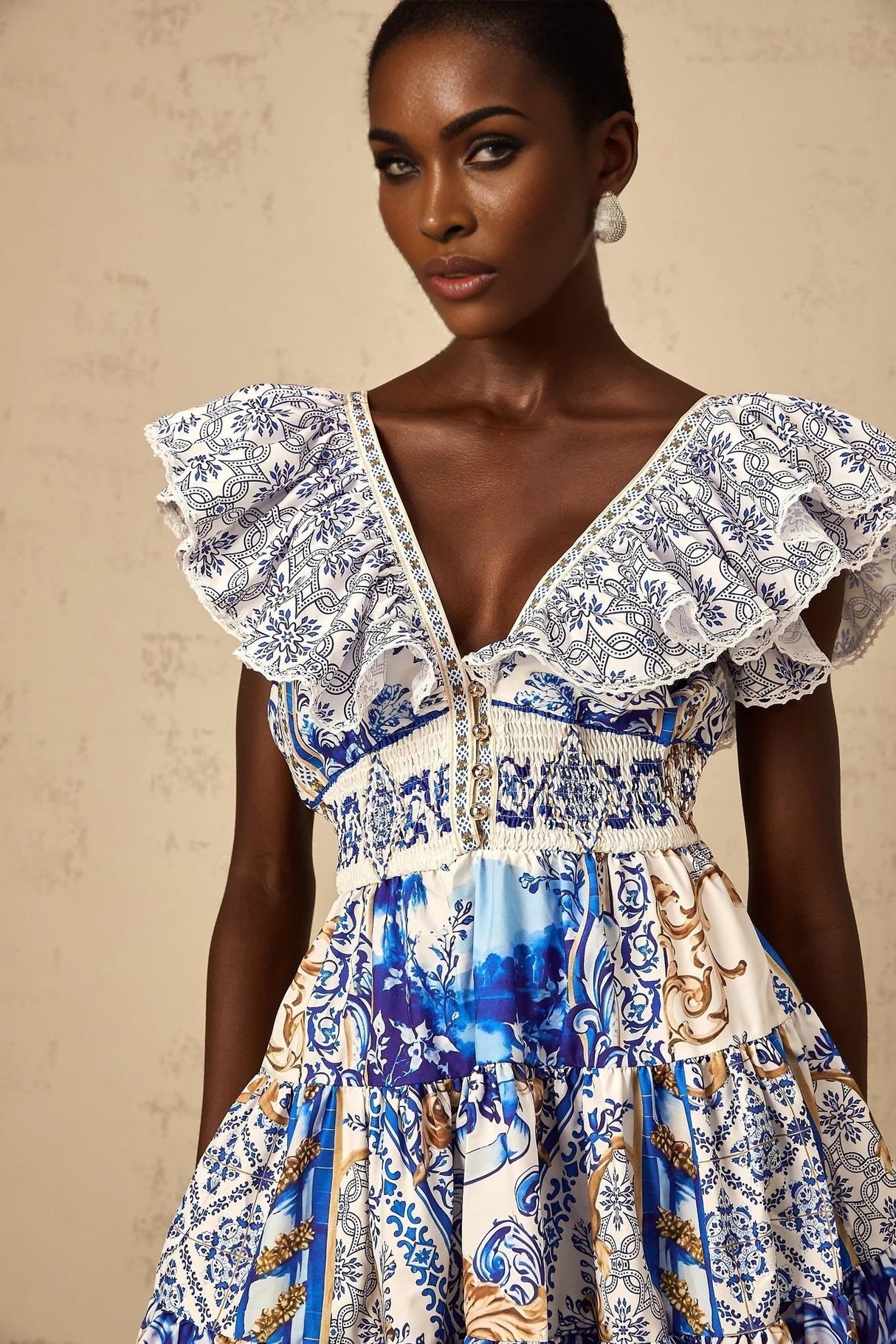 Melissa Mini Dress Blue Baroque Tiered Ruffle Open Back Smocked & Tie Detail