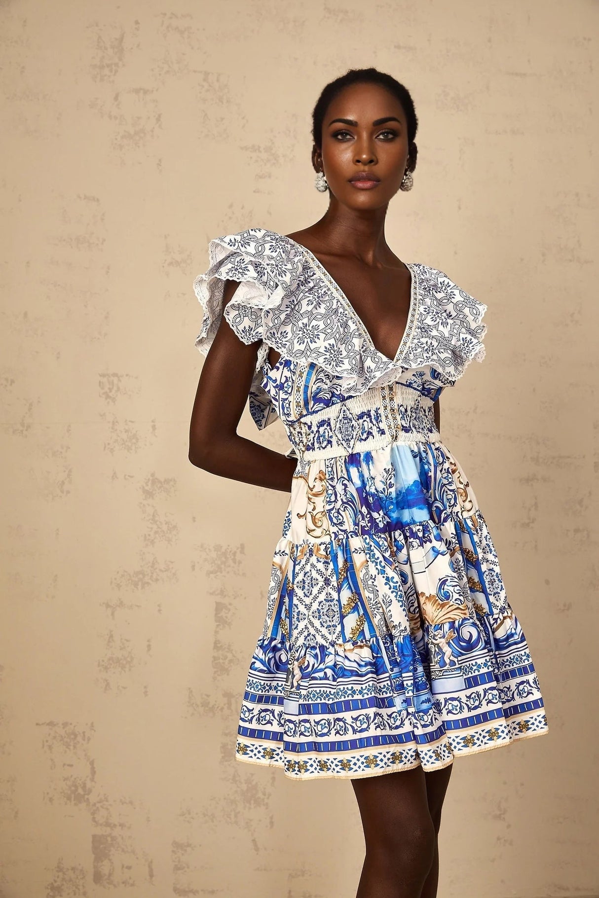 Melissa Mini Dress Blue Baroque Tiered Ruffle Open Back Smocked & Tie Detail