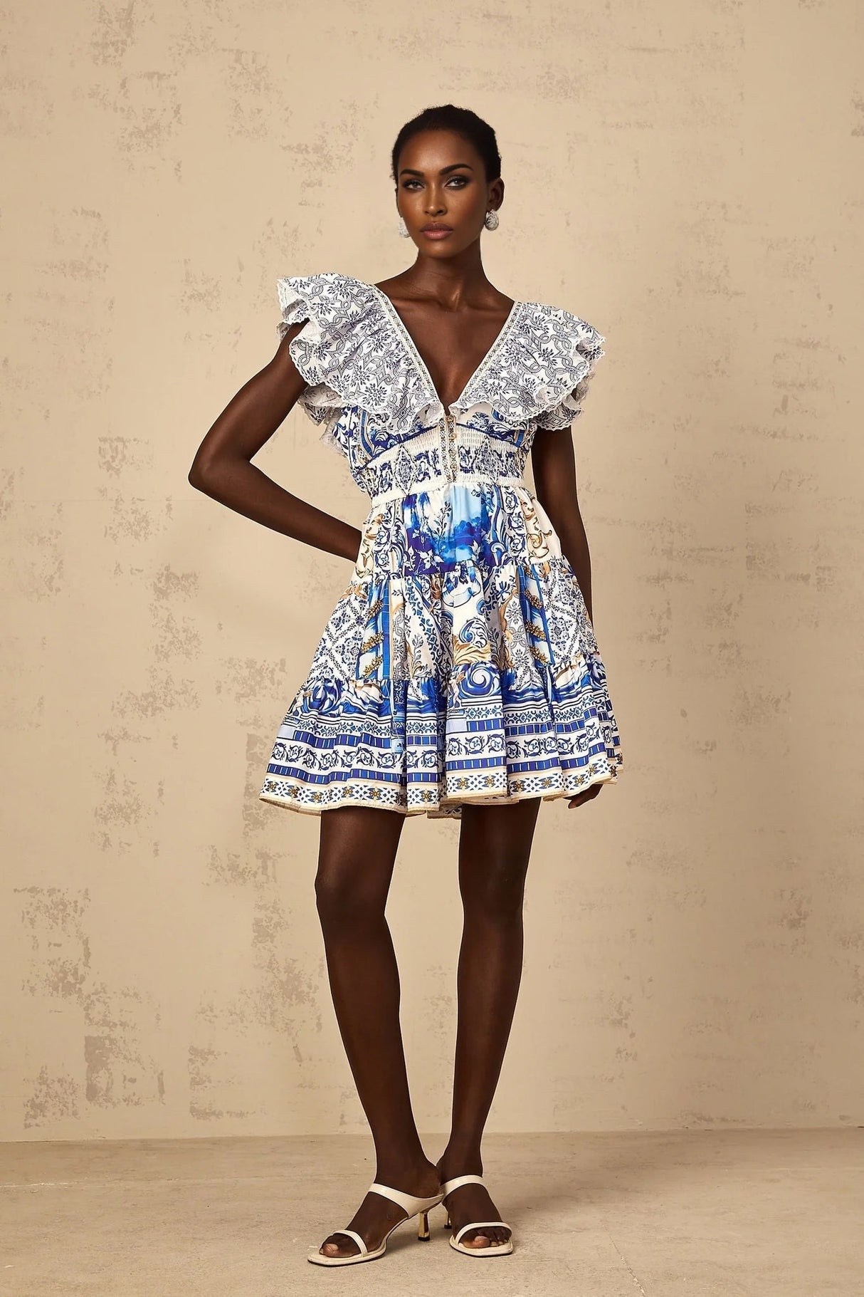 Melissa Mini Dress Blue Baroque Tiered Ruffle Open Back Smocked & Tie Detail