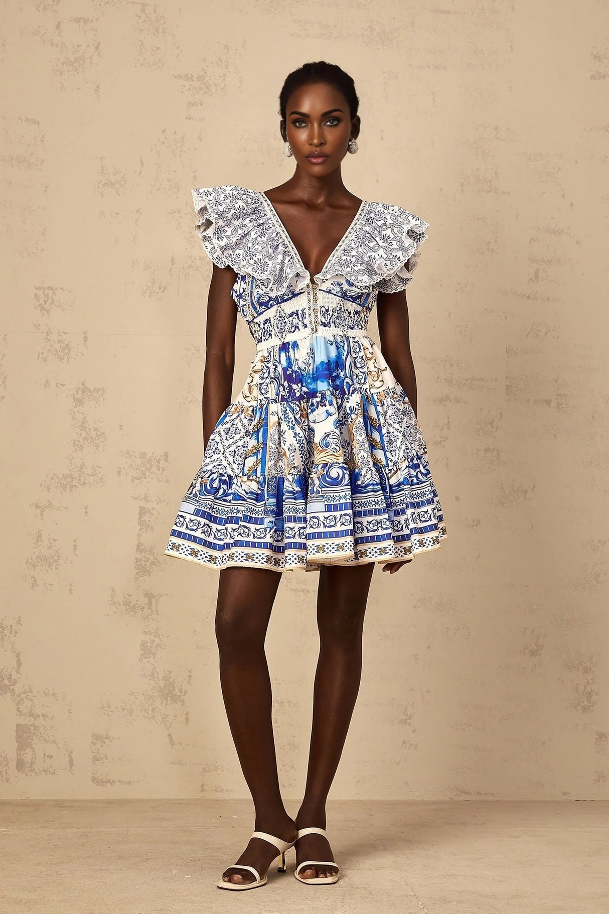 Melissa Mini Dress Blue Baroque Tiered Ruffle Open Back Smocked & Tie Detail