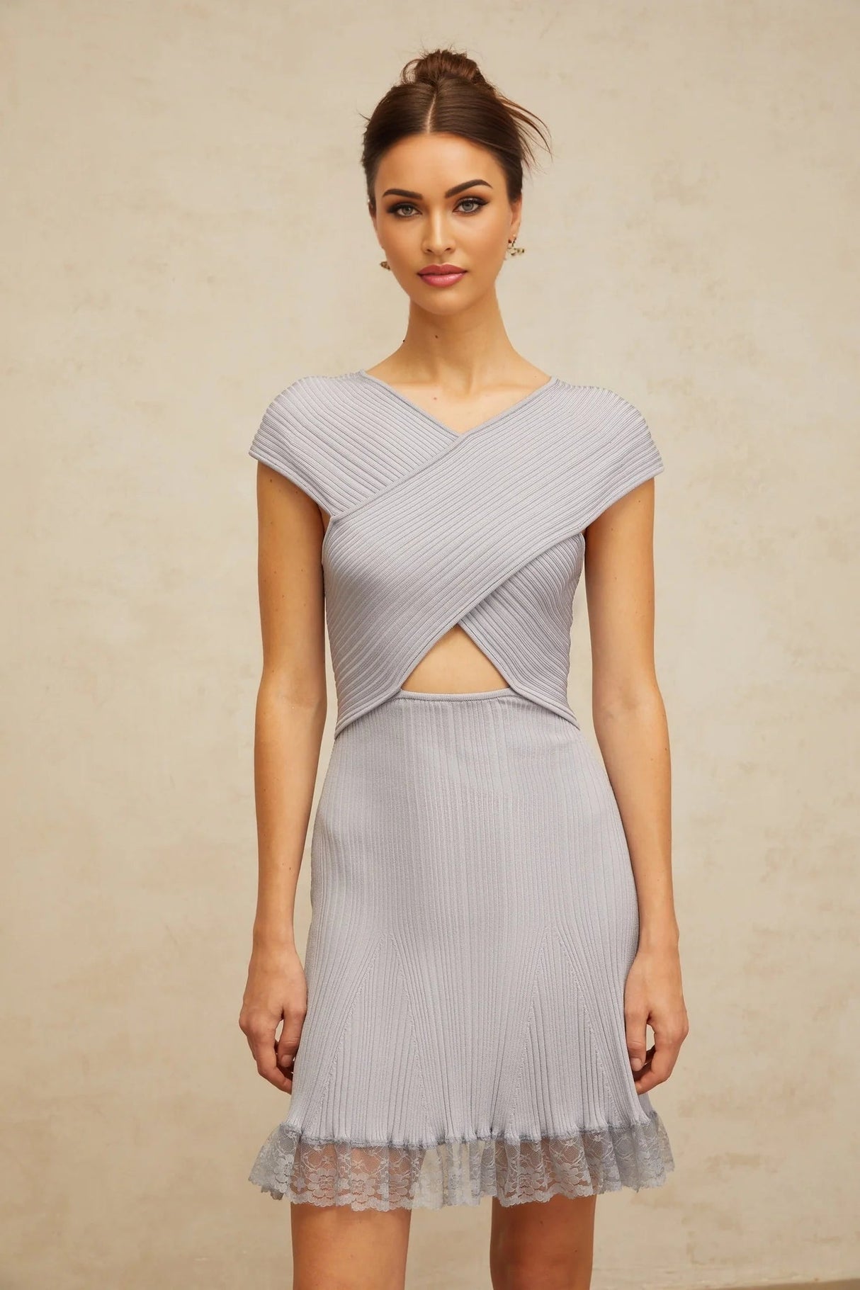 Melissa Mini Dress Light - Purple Lace Trim Cross - Over Flared Hem