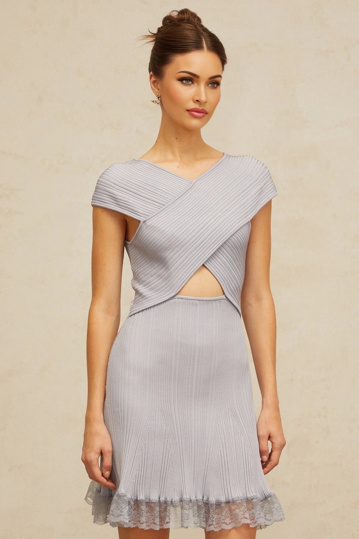 Melissa Mini Dress Light - Purple Lace Trim Cross - Over Flared Hem