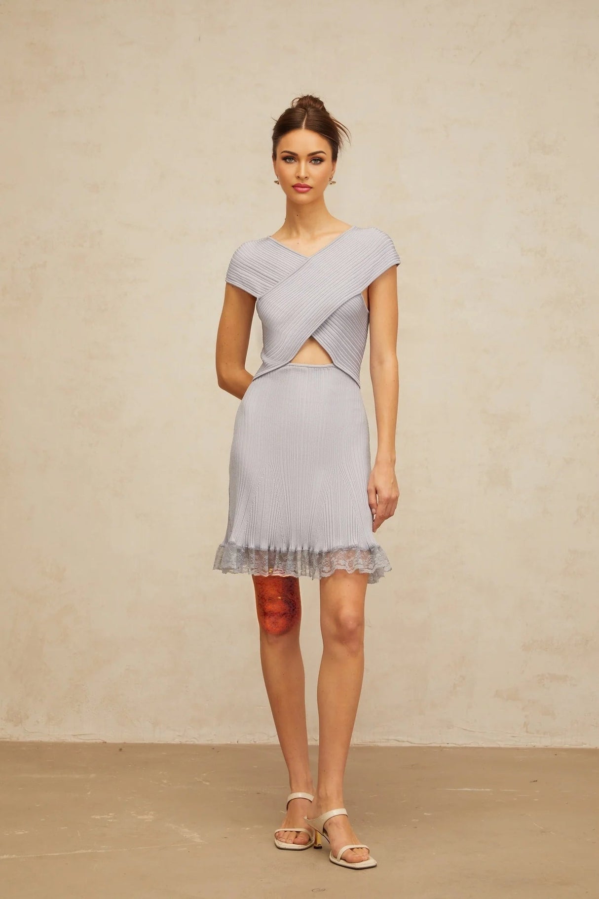 Melissa Mini Dress Light - Purple Lace Trim Cross - Over Flared Hem