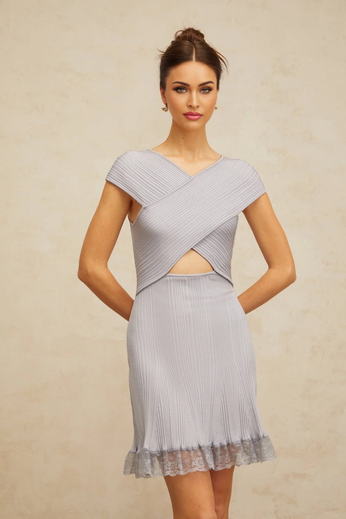 Melissa Mini Dress Light - Purple Lace Trim Cross - Over Flared Hem