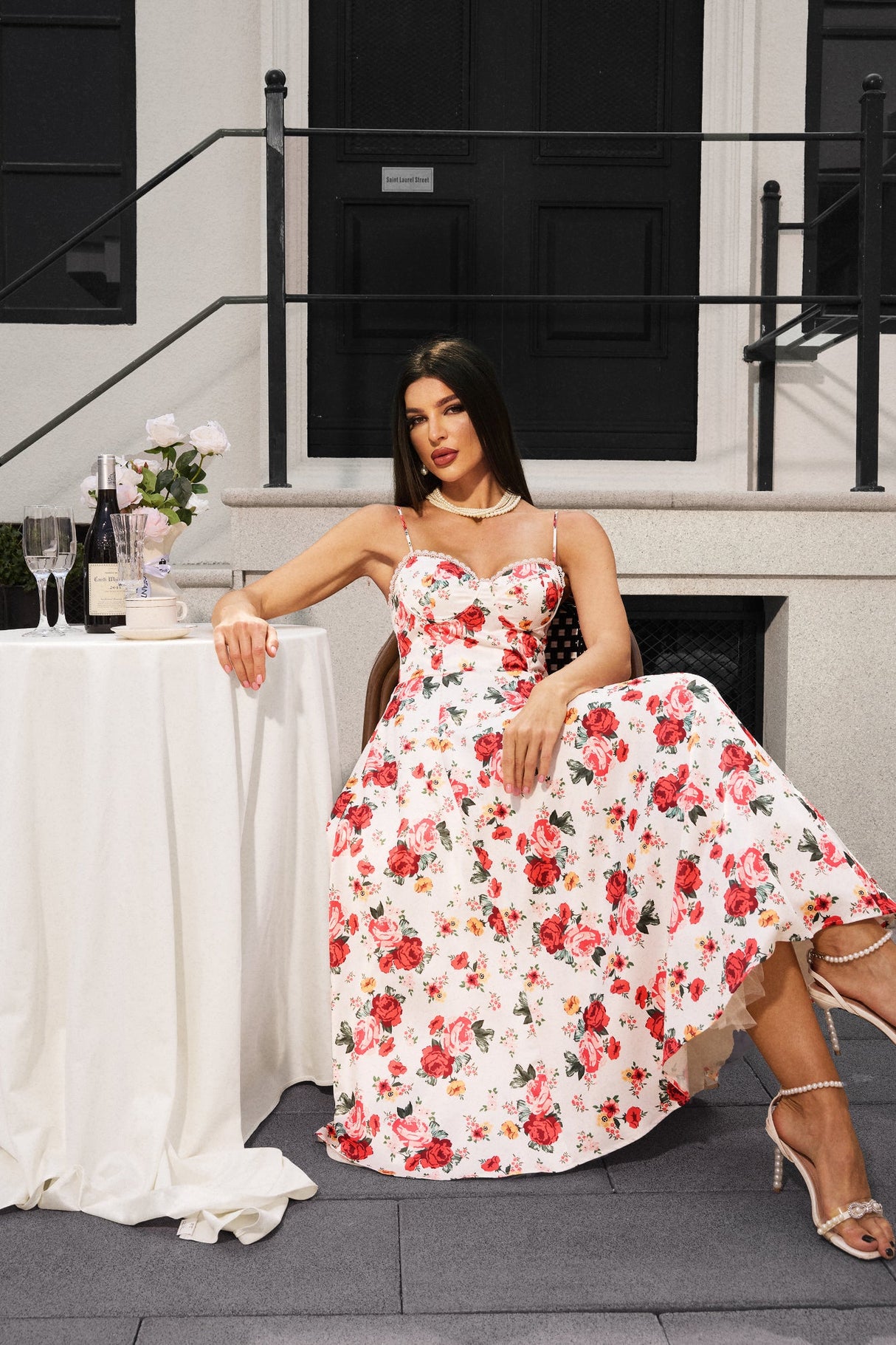 Melissa White Floral Maxi Dress Sweetheart Neckline Spaghetti Straps Lightweight Fabric Special Occasions