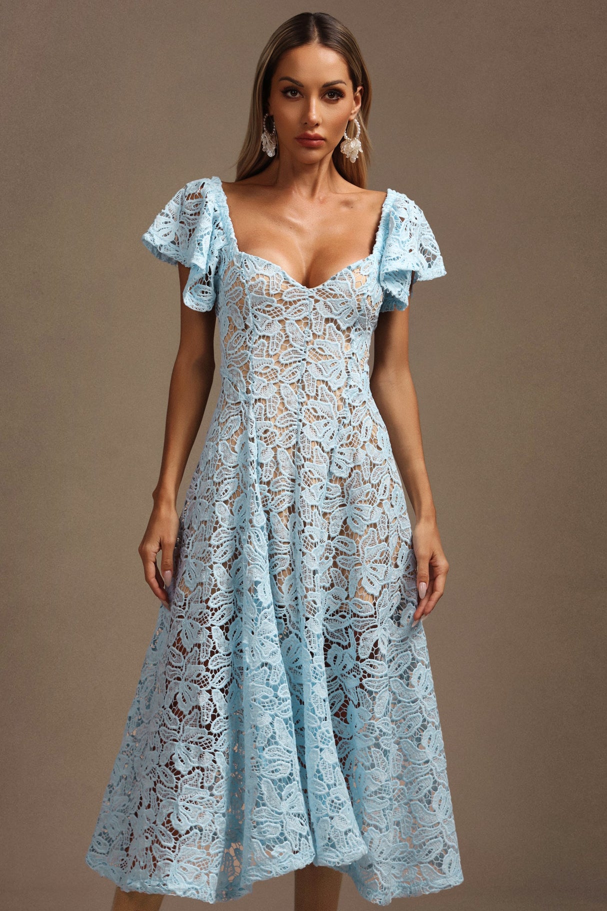 Melody Blue Lace Flutter Sleeve Midi Dress
