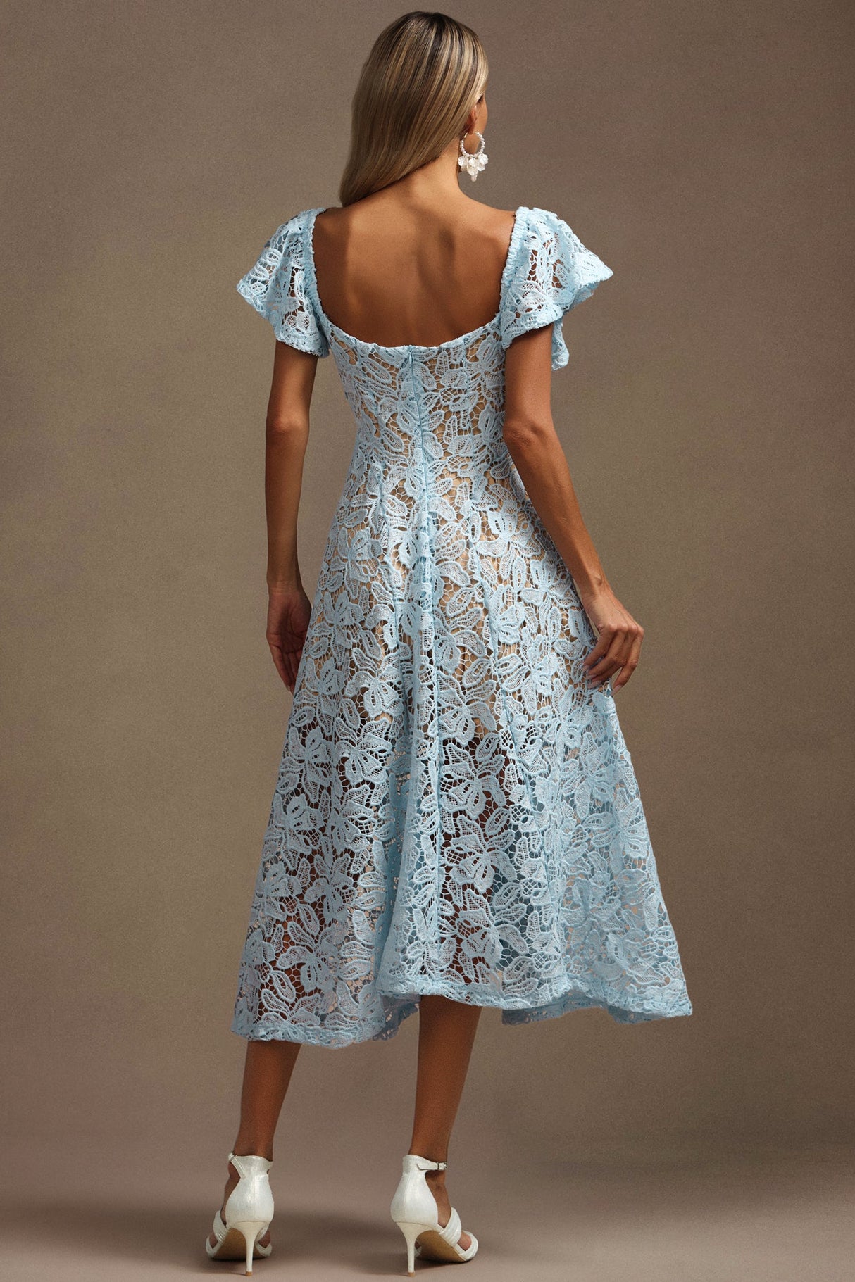 Melody Blue Lace Flutter Sleeve Midi Dress