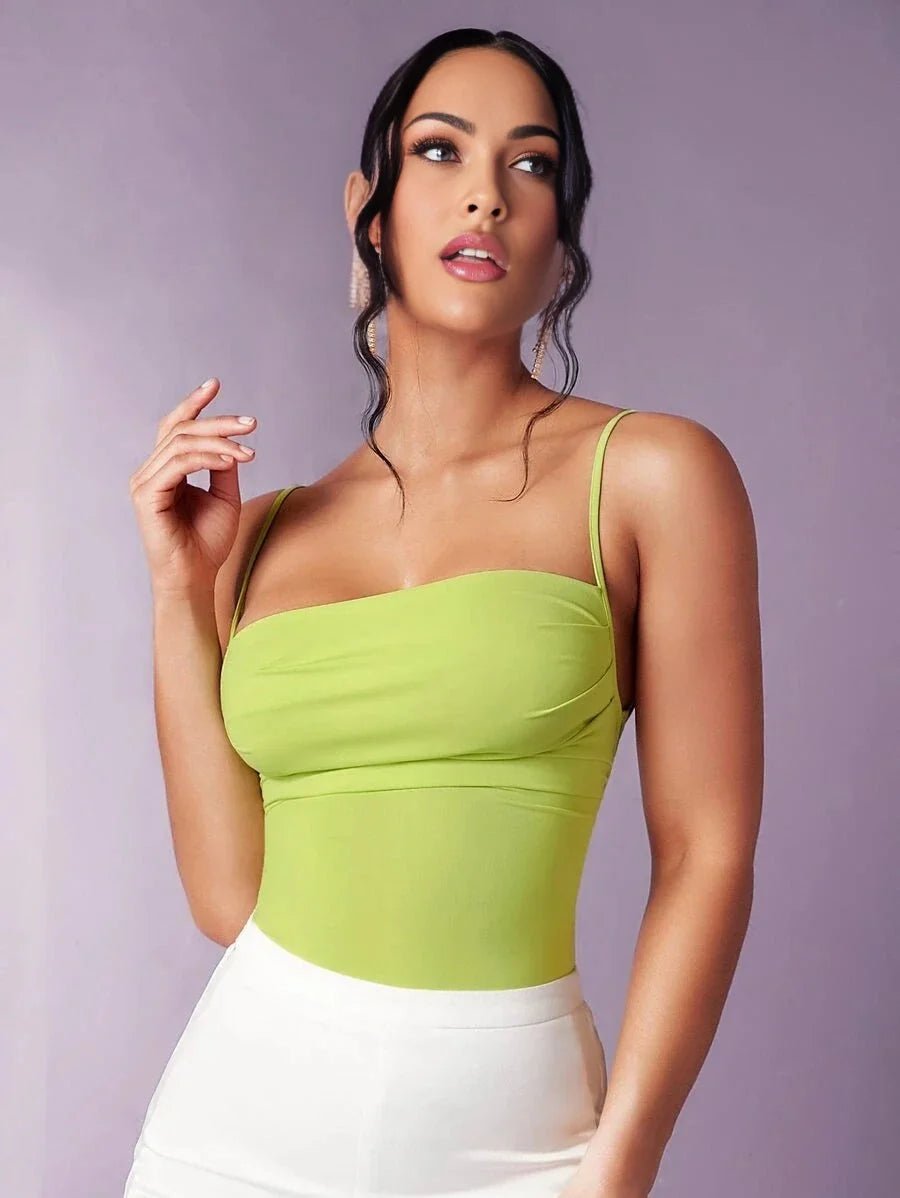 Meredith Bodysuit - High Stretch Fabric Elasticity - Slim Fit - Sleeveless Length - Backless, Lace Up - Cami Style - Neckline Spaghetti Strap