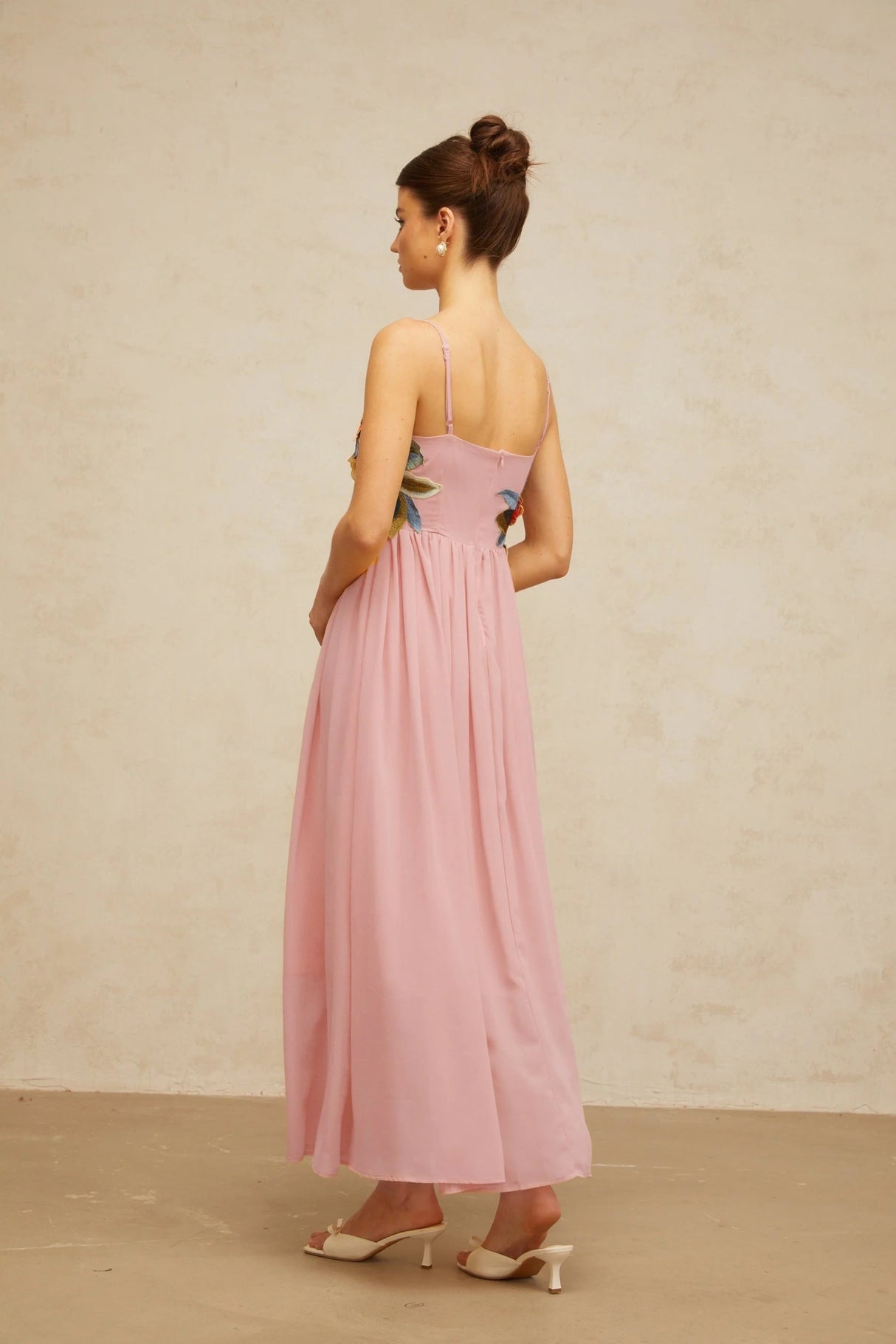 Mia Maxi Dress Pink Floral Embroidered Shirred Square Neck Floor - Length