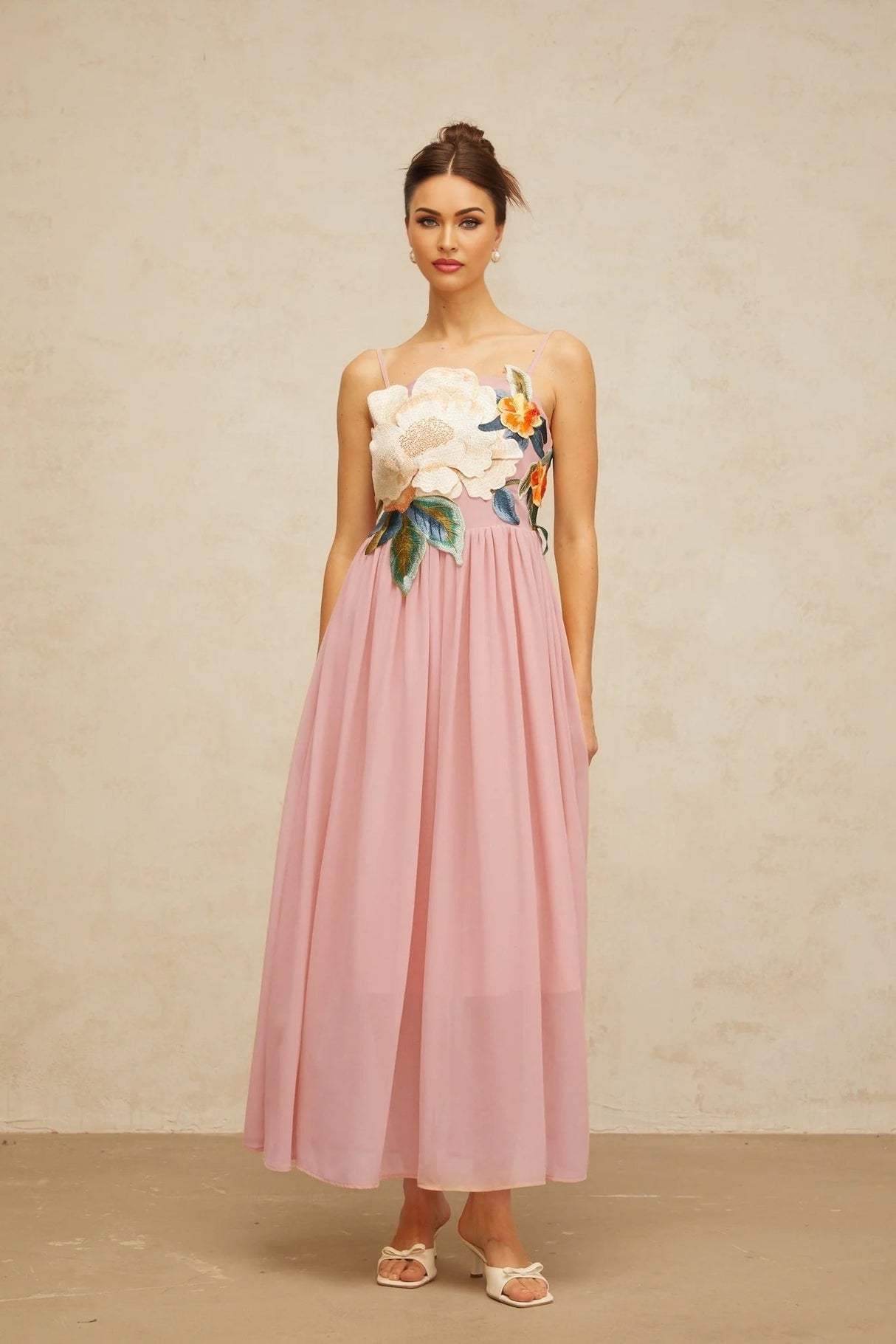 Mia Maxi Dress Pink Floral Embroidered Shirred Square Neck Floor - Length