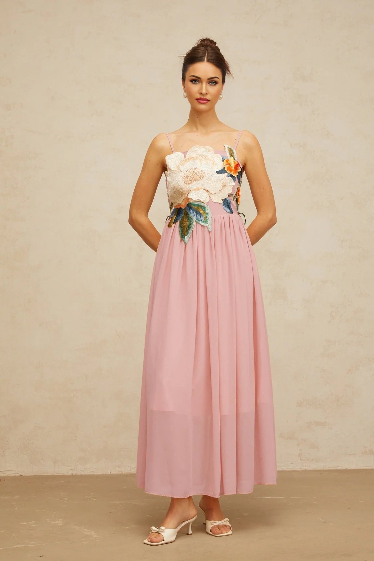 Mia Maxi Dress Pink Floral Embroidered Shirred Square Neck Floor - Length