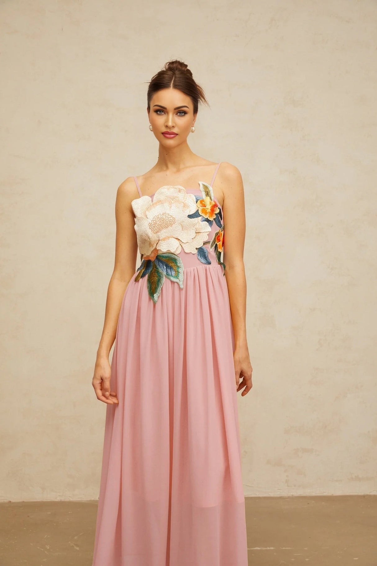 Mia Maxi Dress Pink Floral Embroidered Shirred Square Neck Floor - Length