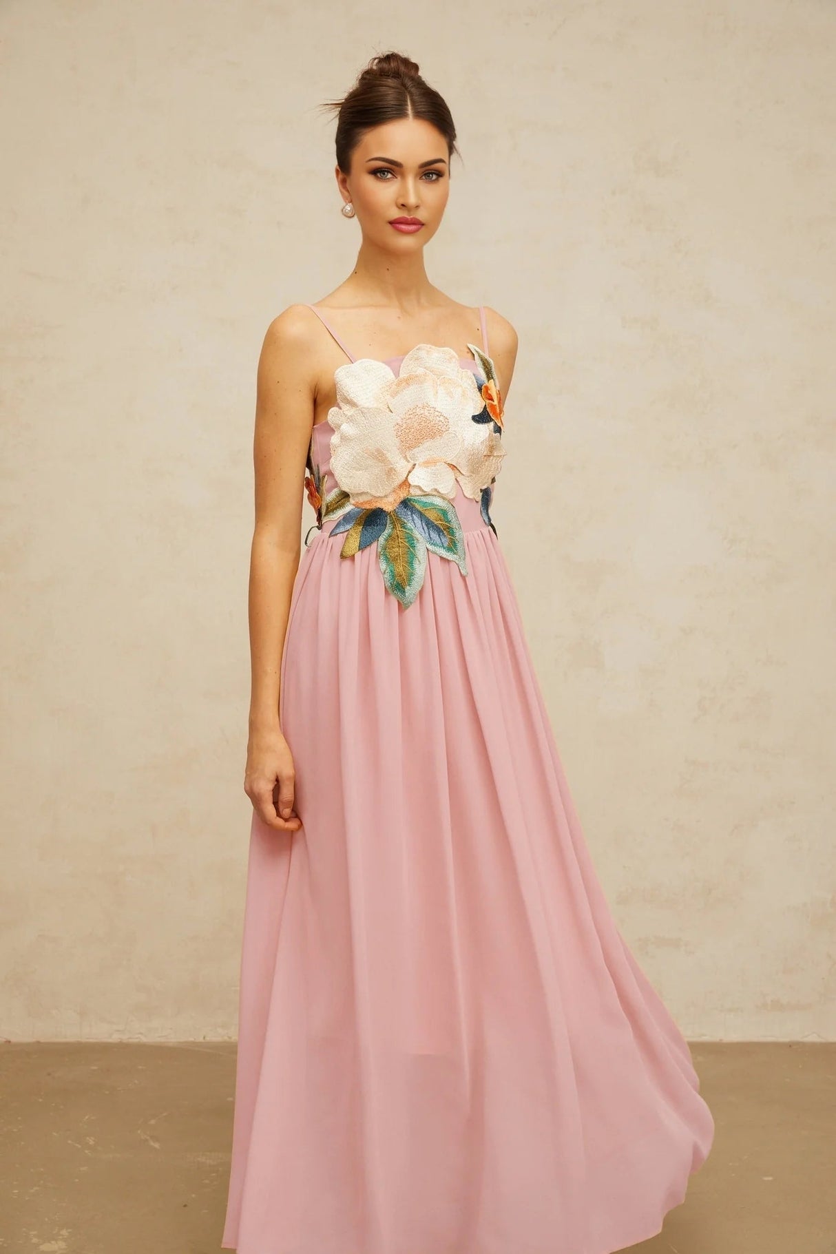 Mia Maxi Dress Pink Floral Embroidered Shirred Square Neck Floor - Length