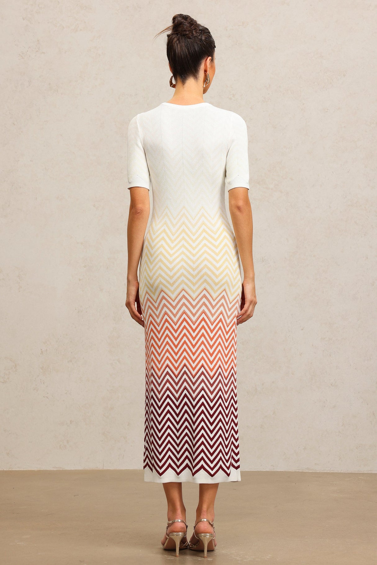 Michaela Beige Zigzag Midi Dress Round Neckline Short Sleeves Elegant Style Comfortable Fit Quality Materials Sophisticated Look Casual Outing Charm Grace