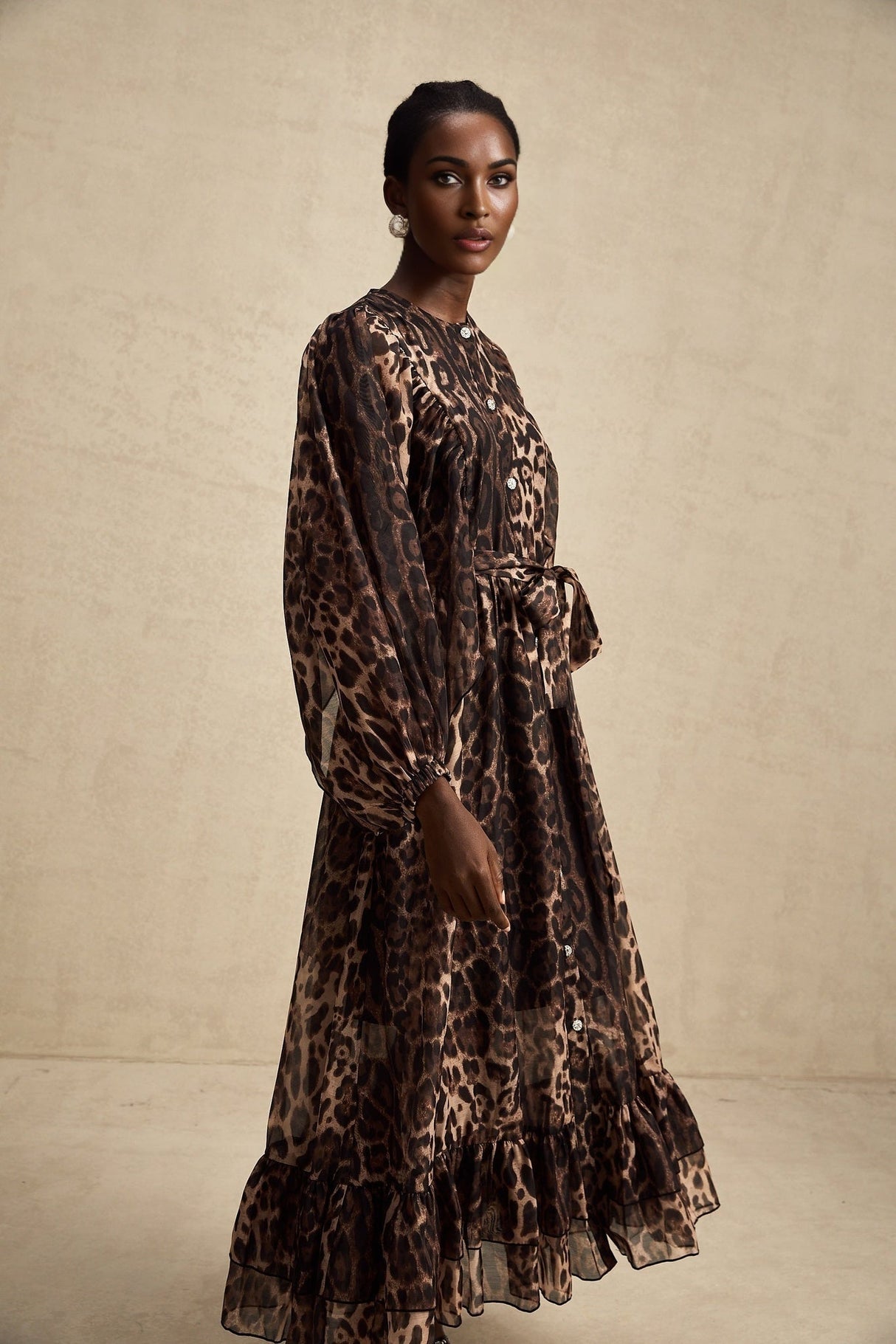 Michaela Midi Dress Leopard Print Ruffled Single Breasted Brown